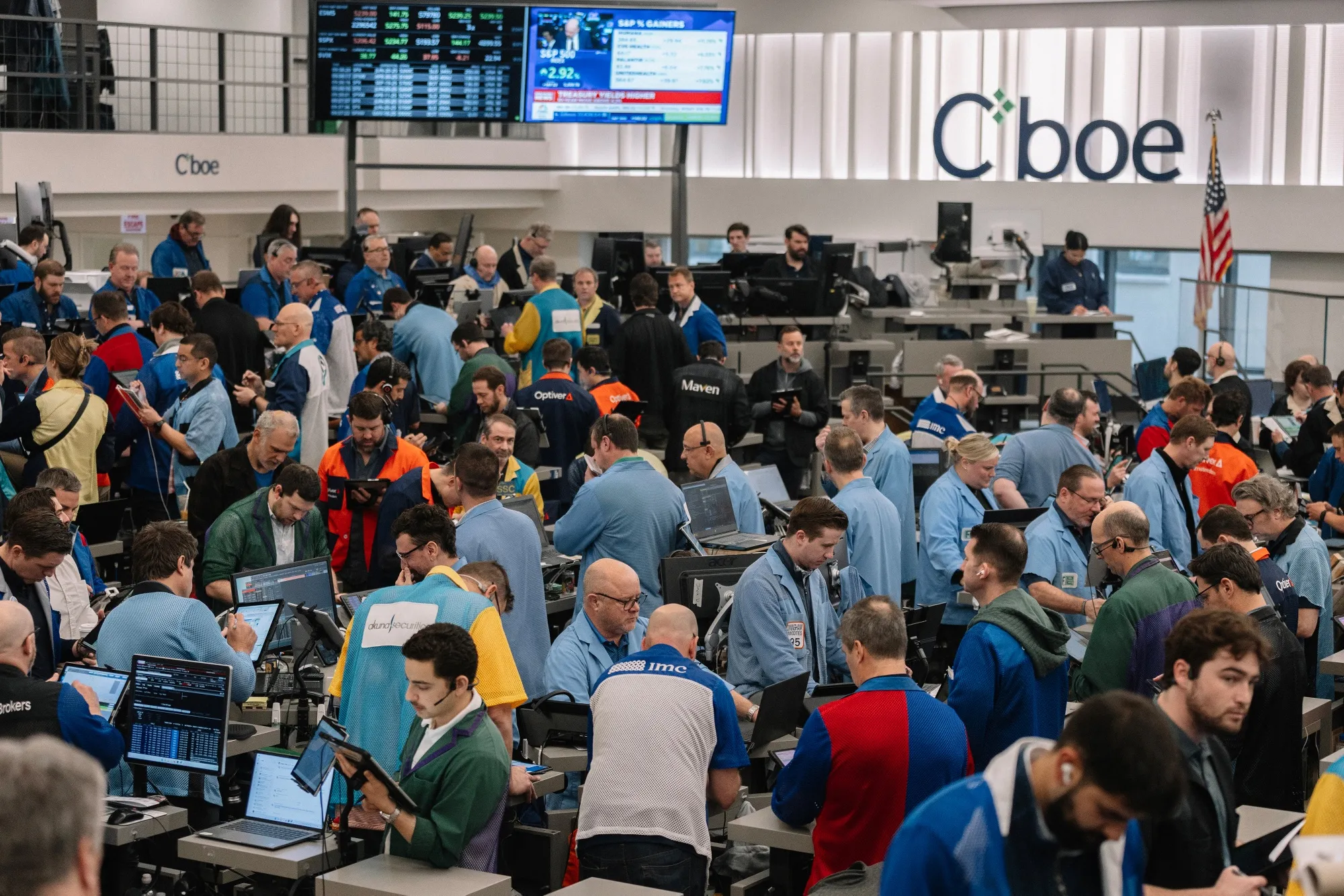 Traders work in the&nbsp;options pit at the Cboe Global Markets exchange in Chicago.