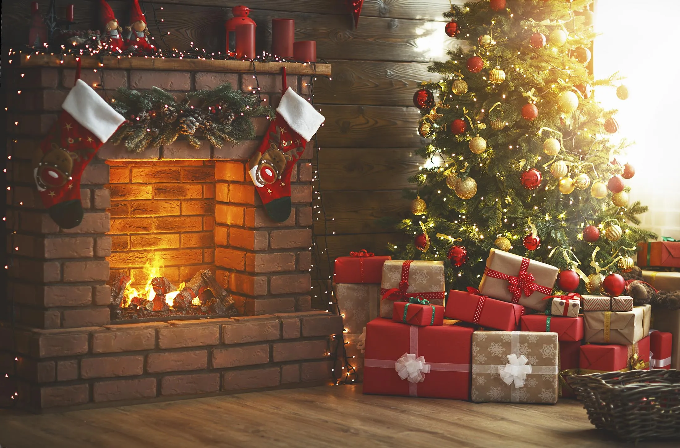 interior christmas. magic glowing tree, fireplace, gifts