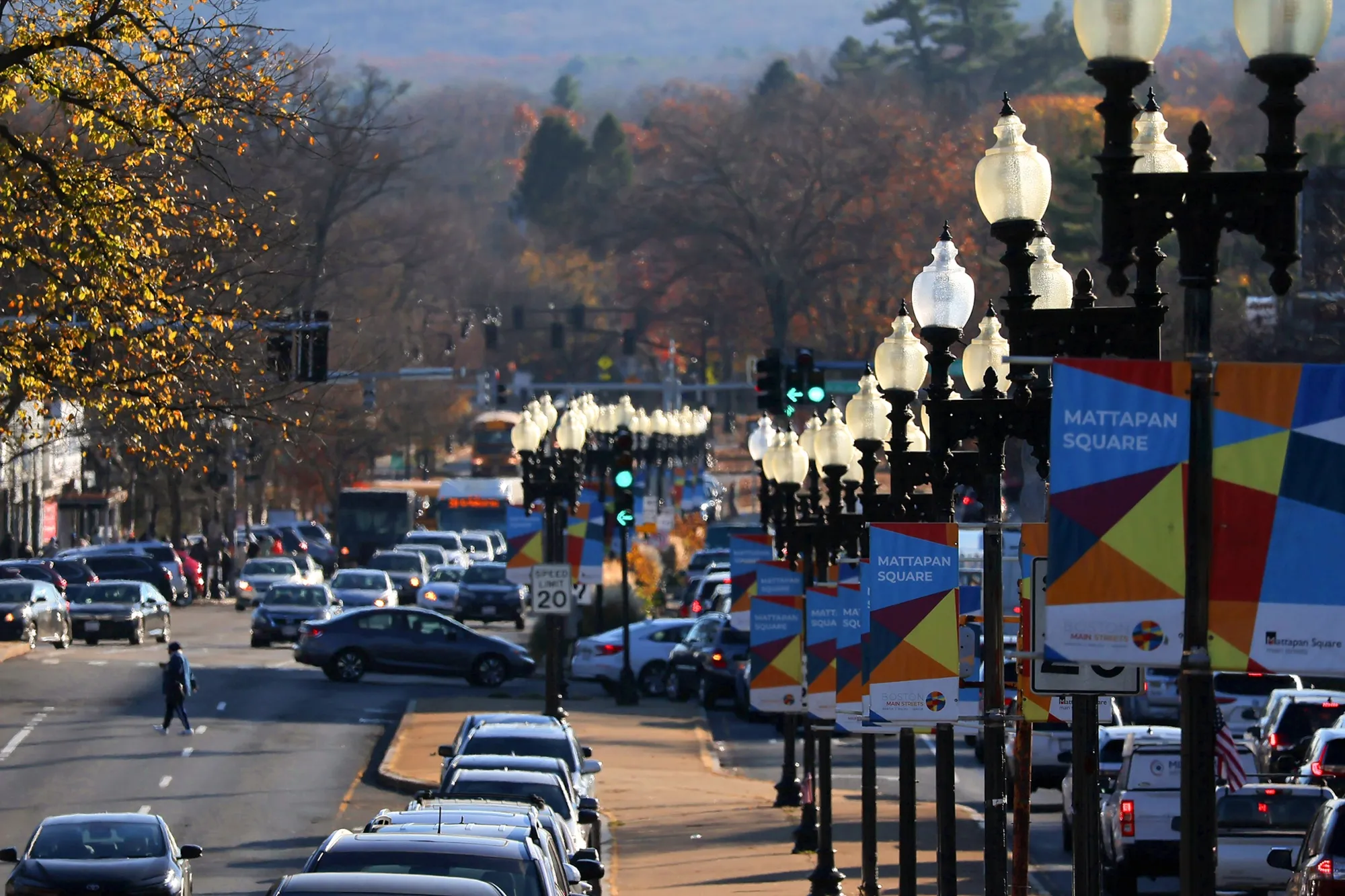 Traffic on Blue Hill Avenue in Mattapan Square in Boston.