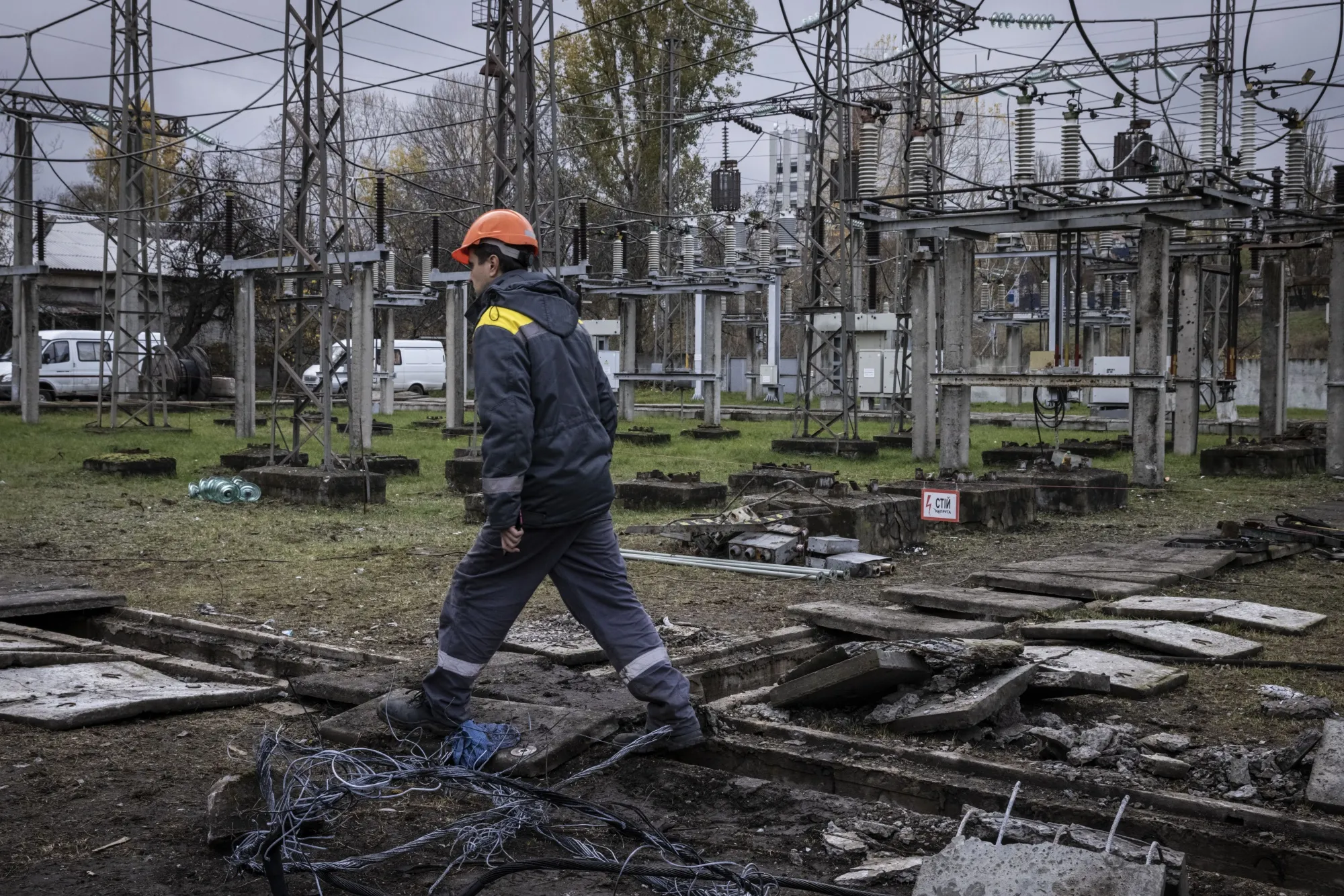 Workers repair infrastructure in a power station on November 04 in Kyiv Oblast, Ukraine.