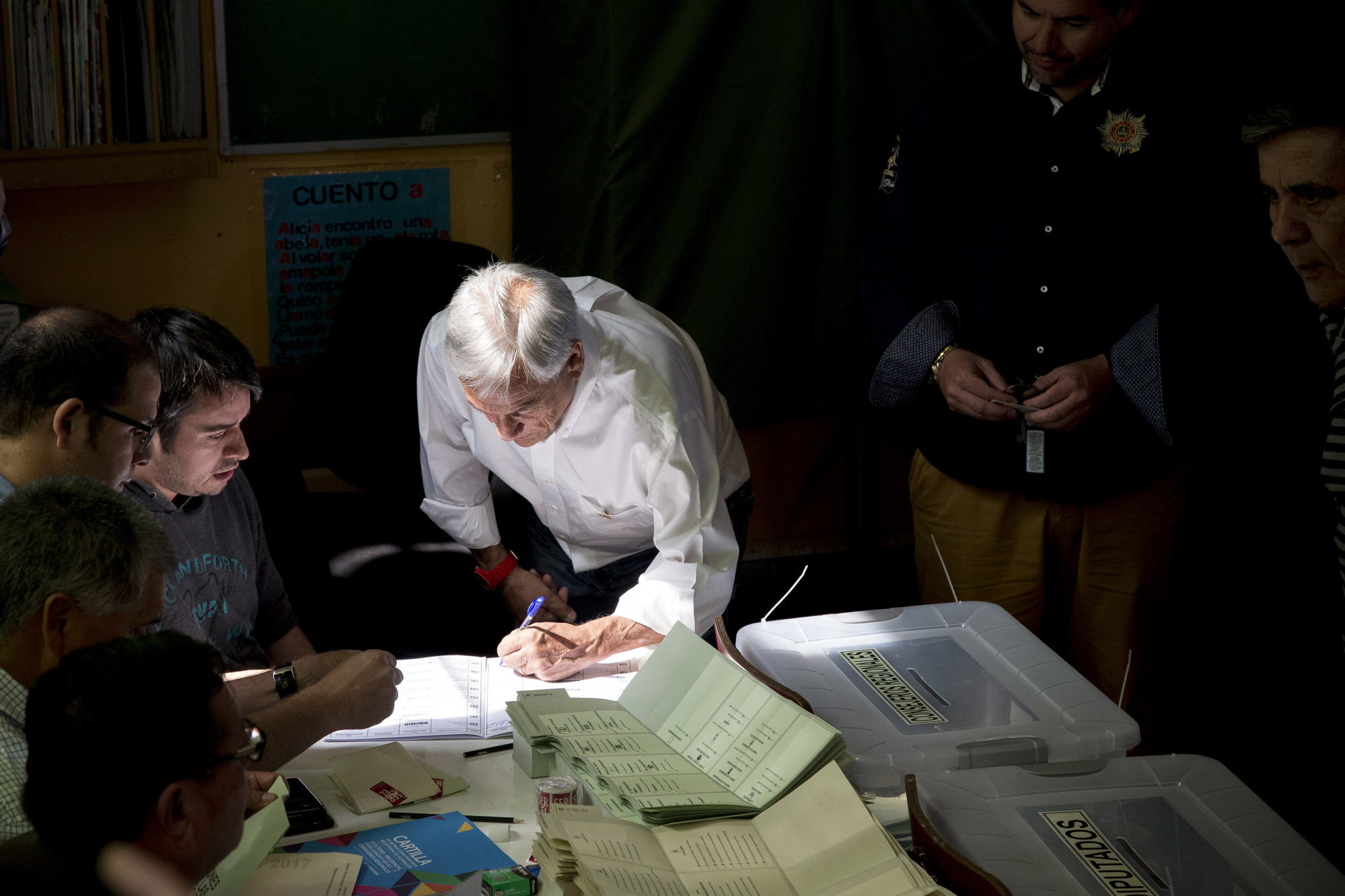 Sebastian Pinera registers to cast a ballot at a polling station in Santiago, Chile, on&nbsp;Nov. 19, 2017.&nbsp;