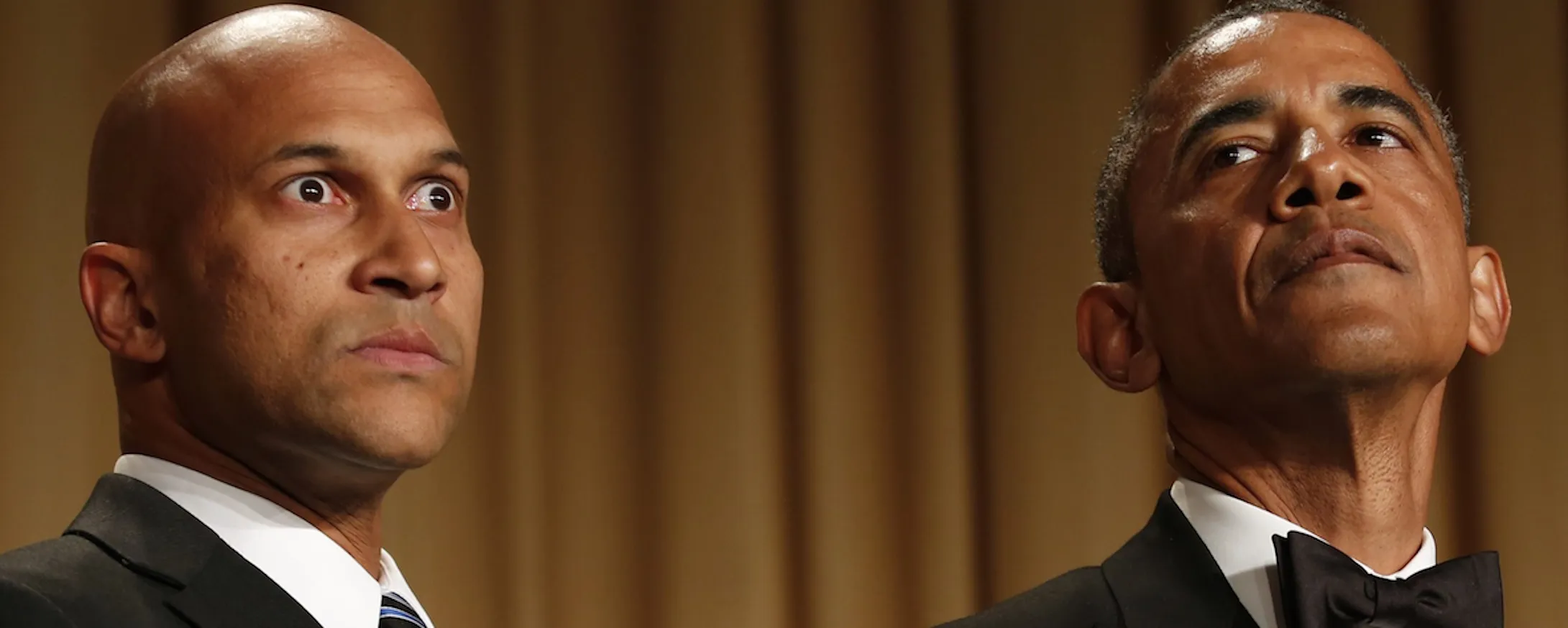 US President Barack Obama (R) speaks next comedian Keegan-Michael Key playing 'Luther, Obama's anger translator' at the White House Correspondents' Association Dinner in Washington, DC on April 25, 2015. AFP PHOTO/YURI GRIPAS (Photo credit should read YURI GRIPAS/AFP/Getty Images)
