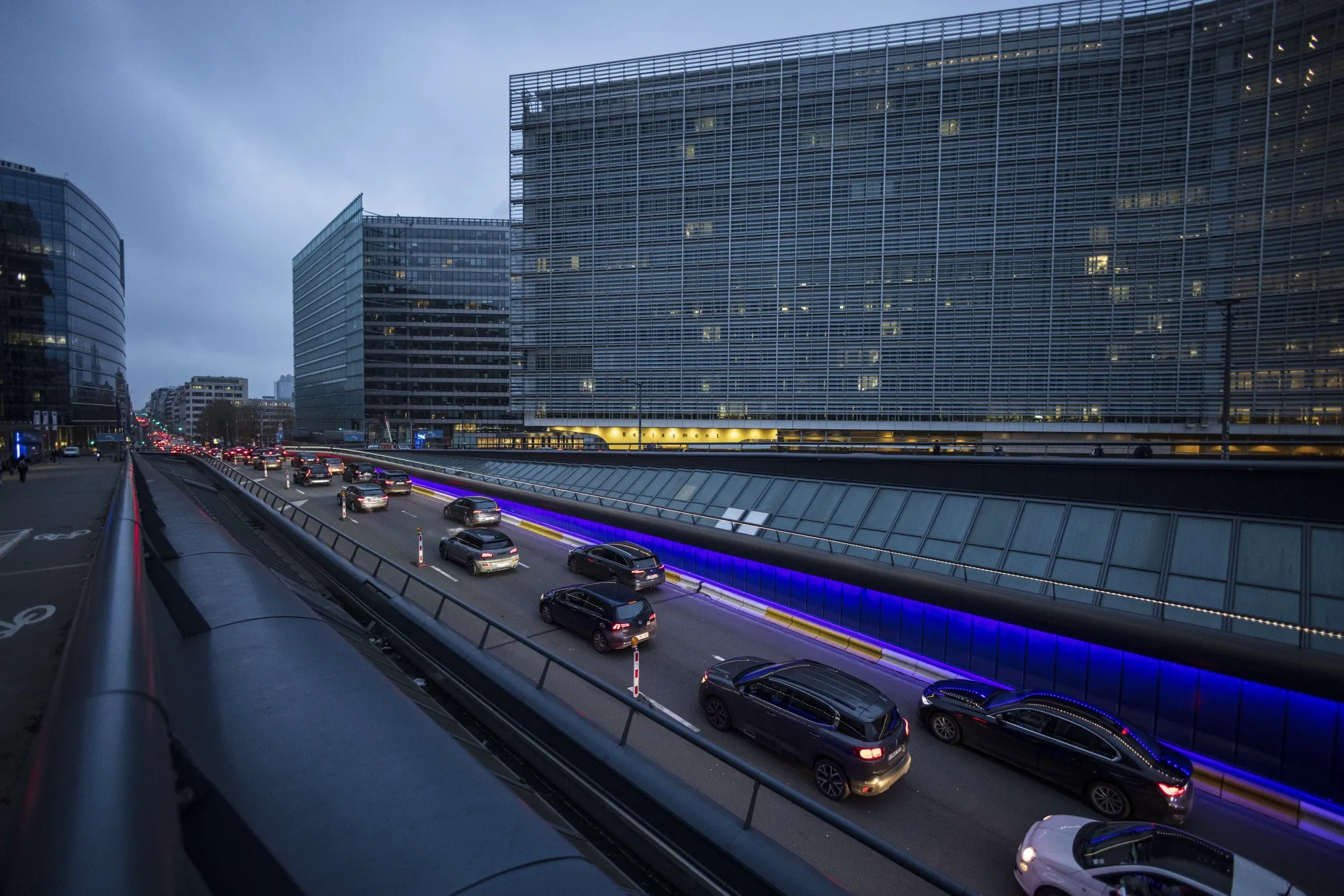 Traffic outside the Berlaymont European Commission building on Rue de la Loi in Brussels.