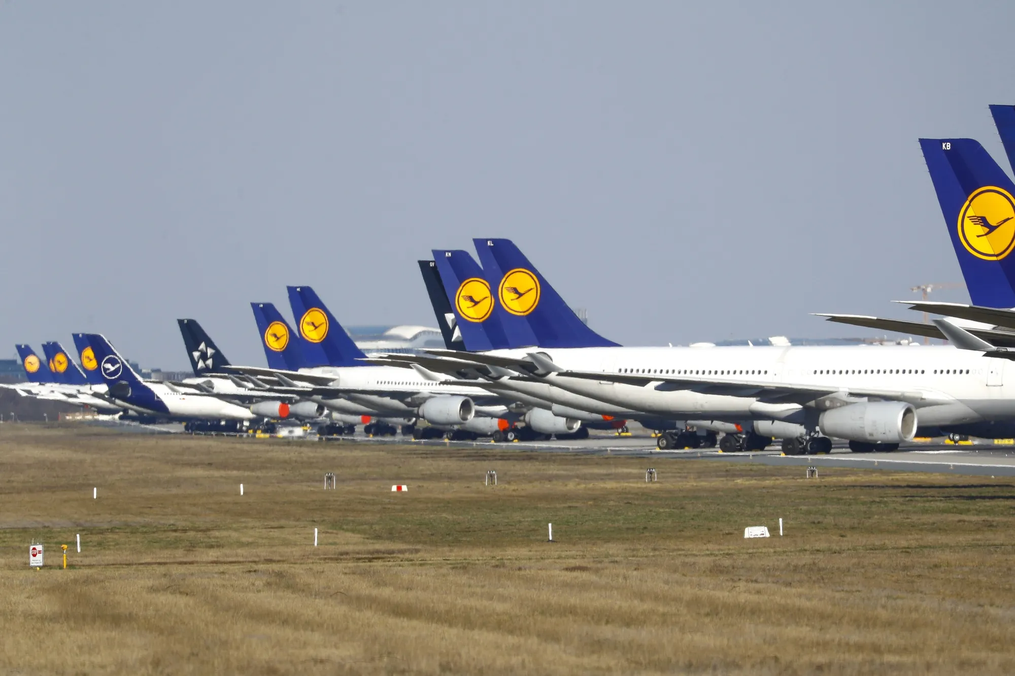 Deutsche Lufthansa planes grounded on the closed north west runway at Frankfurt Airport on March 25.