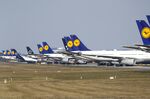 Deutsche Lufthansa planes grounded on the closed north west runway at Frankfurt Airport on March 25.