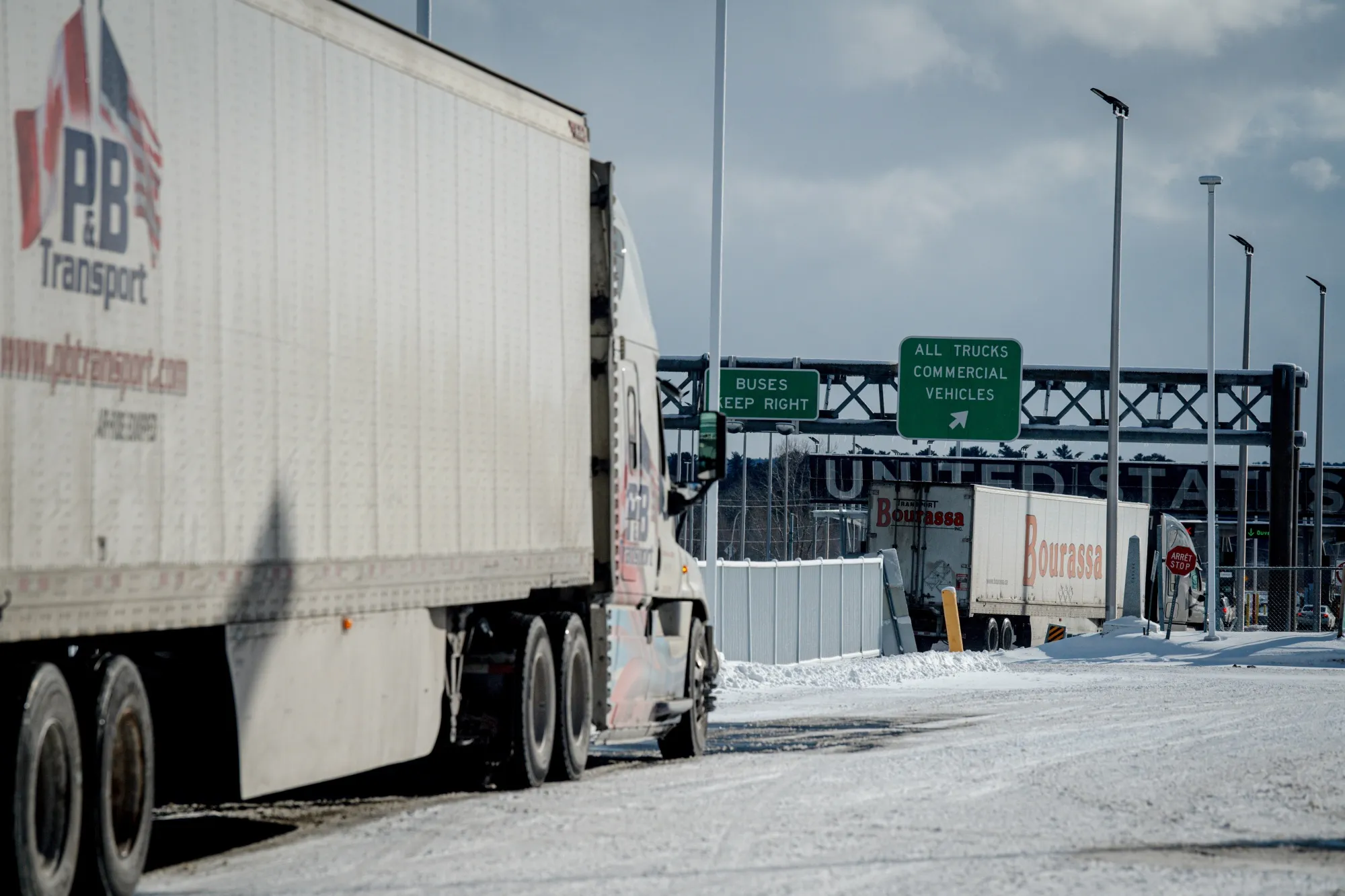 Trucks at the Canada-US border crossing in St-Bernard-de-Lacolle, Quebec, Canada, on&nbsp;Feb. 4.
