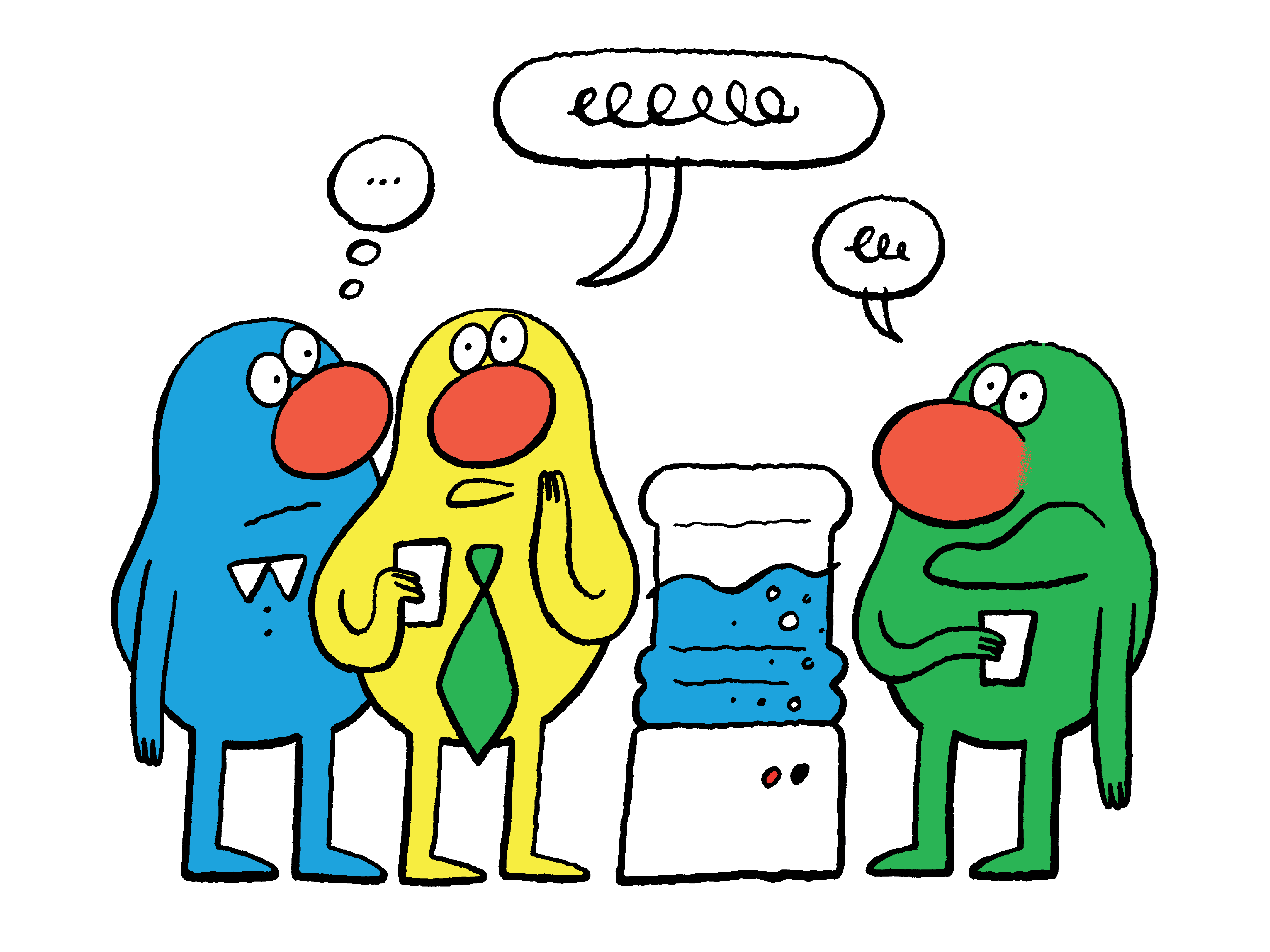 illustration of characters standing around water cooler looking confused