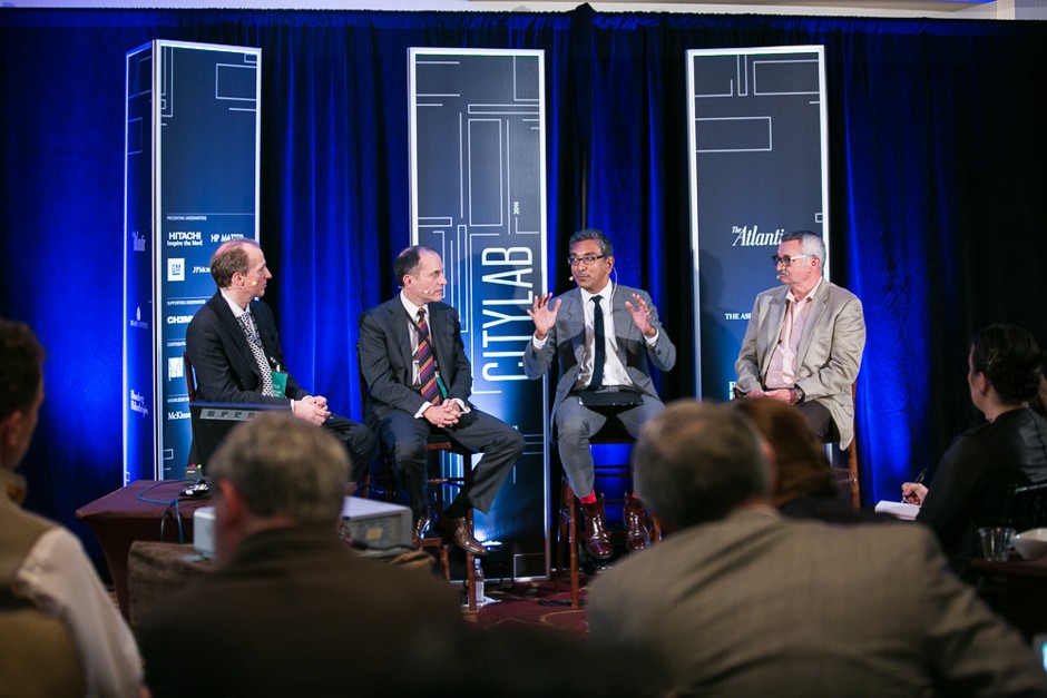 Jonathan Woetzel of McKinsey, Ben Hecht of Living Cities, Vishaan Chakrabarti of SHoP architects, and Mike Alvidrez of the Skid Row Housing Trust at The Atlantic's CityLab 2014 summit. 