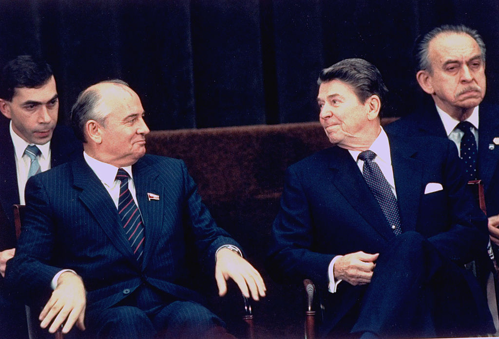 Mikhail Gorbachev and Ronald Reagan, seen here working on ending the last cold war.