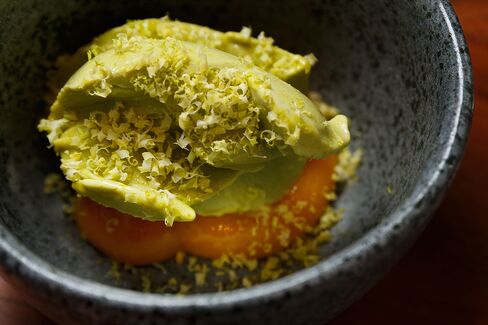 For dessert, pistachio ice cream and apricots.