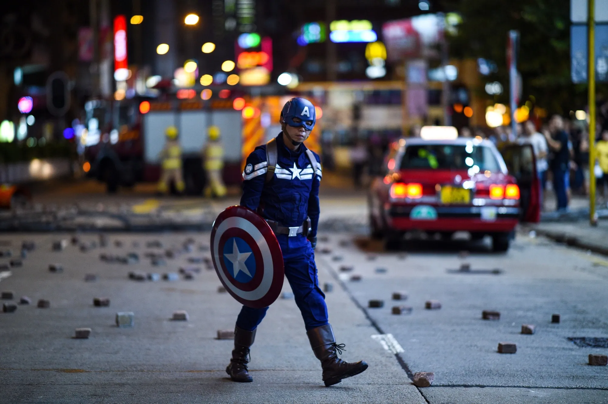 Ma Chun-man in his Captain America costume during a protest in Hong Kong, in 2019.