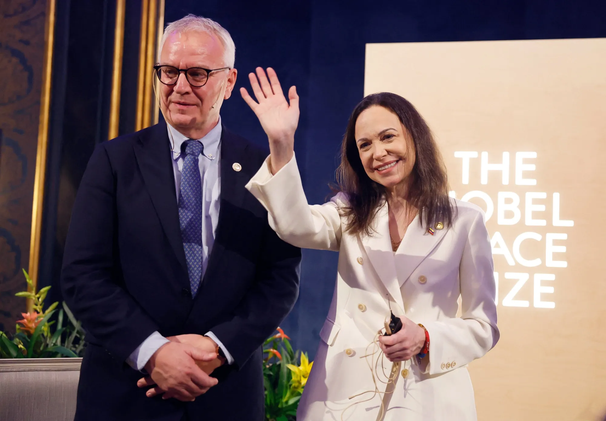 Kristian Berg Harpviken and María Corina Machado during a Nobel Peace Prize news conference on Dec. 11.