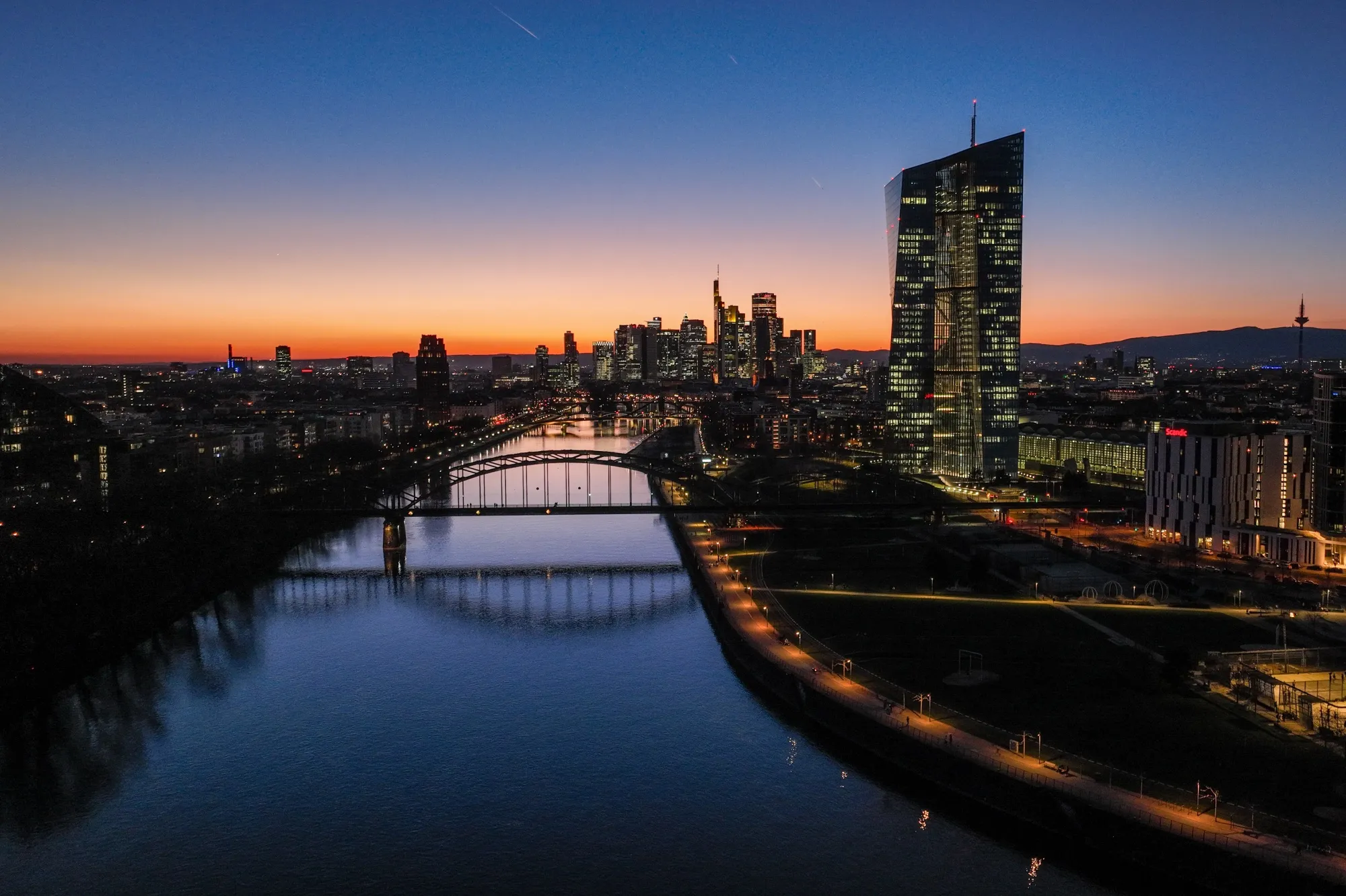 The European Central Bank on the skyline of financial district of Frankfurt.
