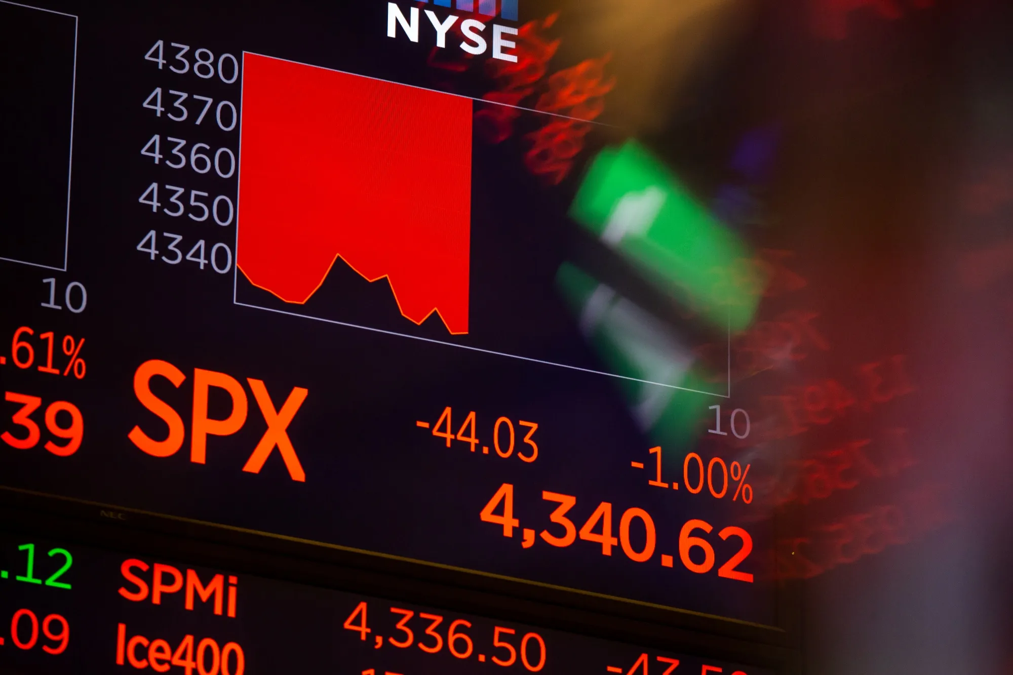 Stock market information on the floor of the New York Stock Exchange (NYSE) in New York, U.S., on Monday, Feb. 28, 2022. Investors are facing a risk most of them have never seen in their lifetimes -- a major crossborder war in Europe -- and that’s wreaking havoc across financial markets.