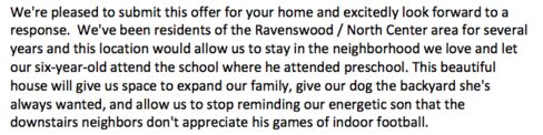A snippet of a more conventional offer letter, which helped a Chicago couple land a home. Courtesy of Redfin.