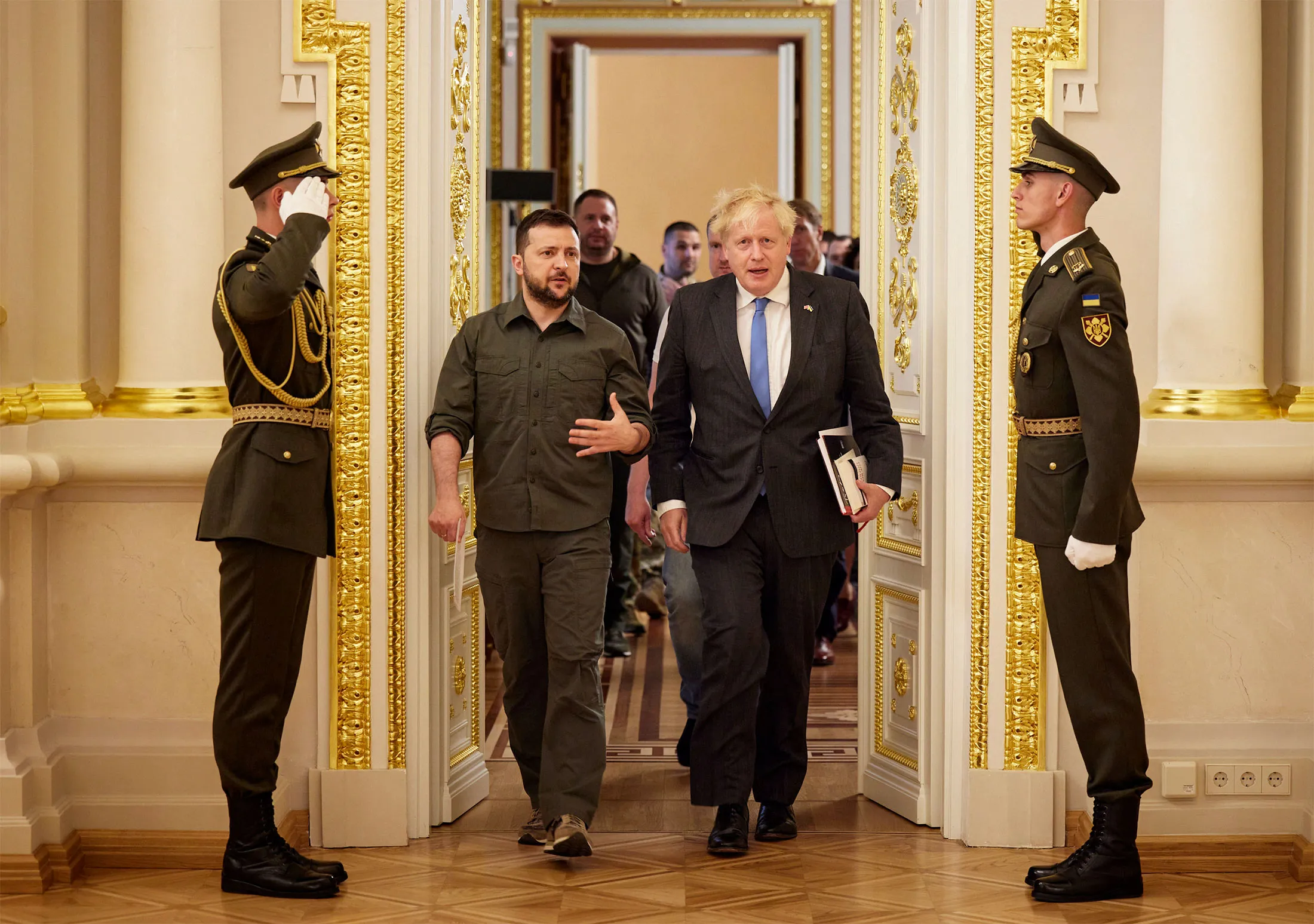 Ukrainian President Volodymyr Zelenskiy, left, and UK Prime Minister Boris Johnson, during a meeting in Kyiv, Ukraine, on June 17.