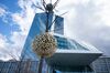 A bronze and granite tree-shaped sculpture entitled Gravity and Growth stands outside the main entrance of the European Central Bank (ECB) headquarters in Frankfurt, Germany, on Thursday, March 7, 2019.