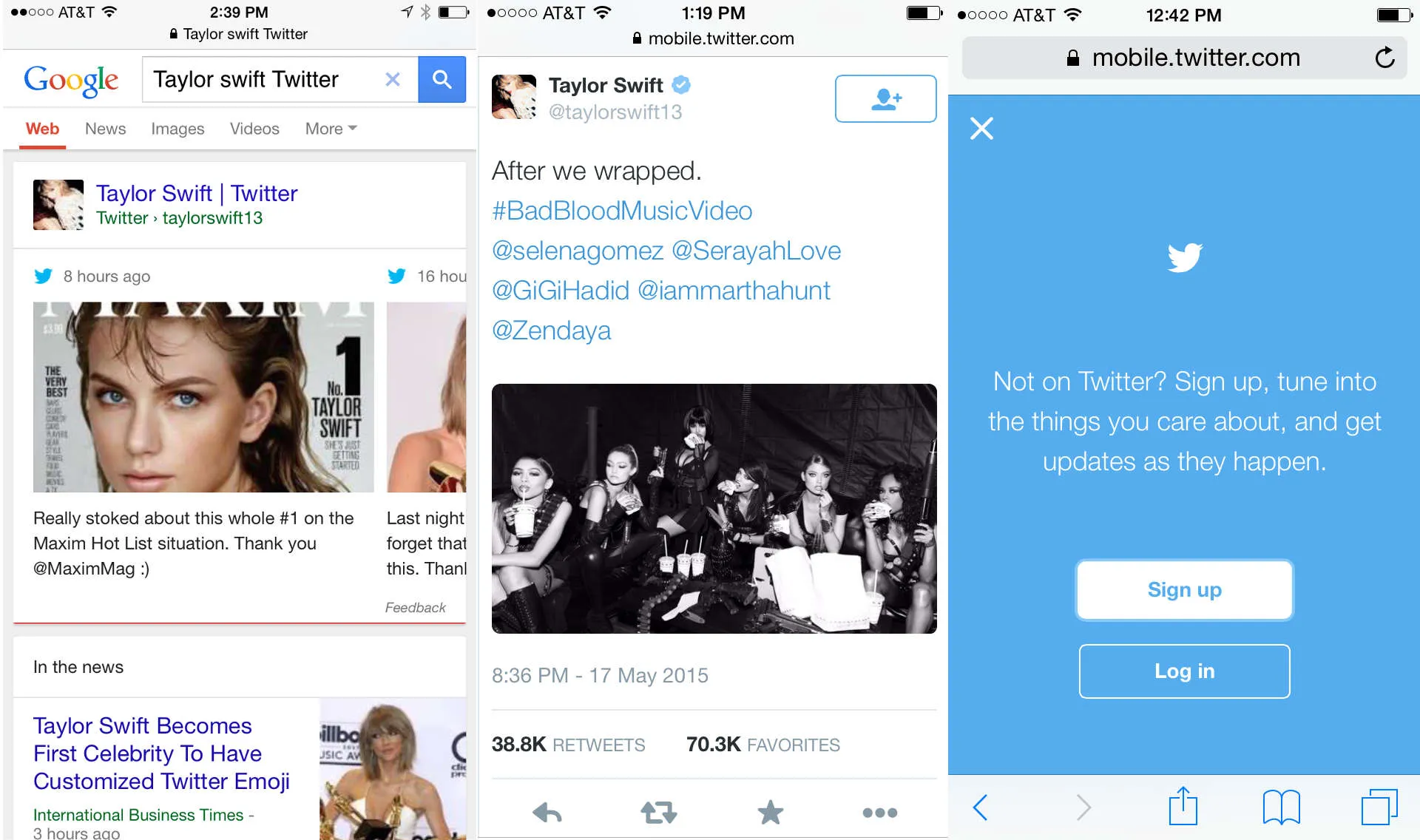 Google search with tweets, left; a tweet on Twitter's mobile website, middle; and Twitter's prompt for visitors to sign up.
