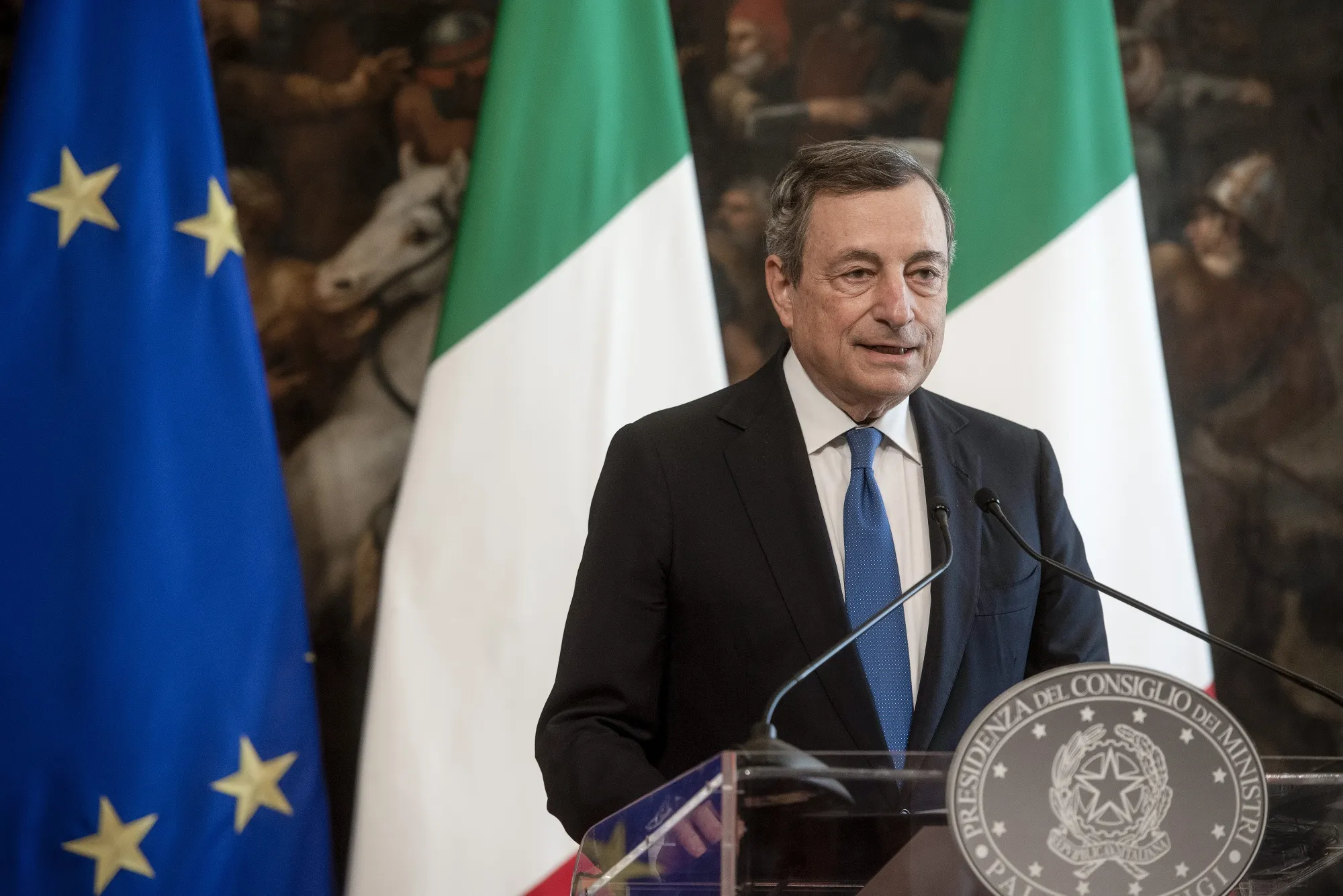 Mario Draghi&nbsp;during a news conference&nbsp;at the Chigi Palace in Rome, on Oct. 7.
