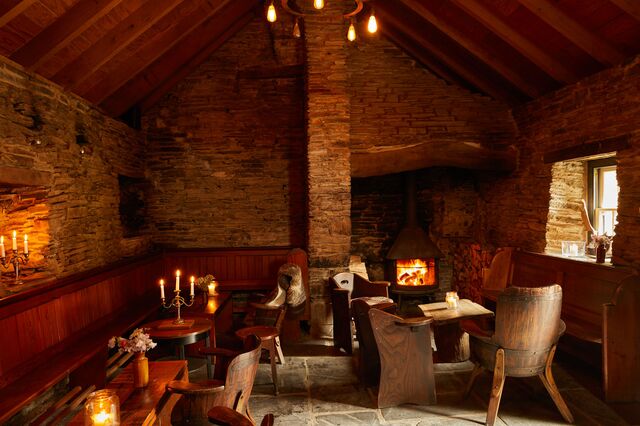 The interior of the tiny pub at Fforest Farm and lodge in Cardigan, Wales. 
