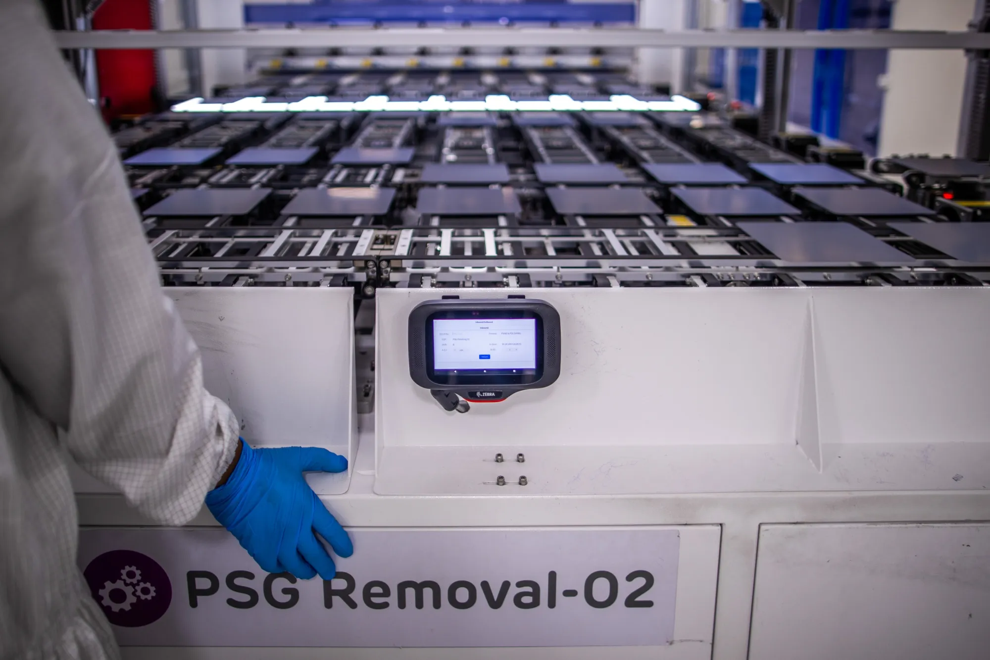 Solar cell components at the solar cells and modules manufacturing facility in Gujarat, India.