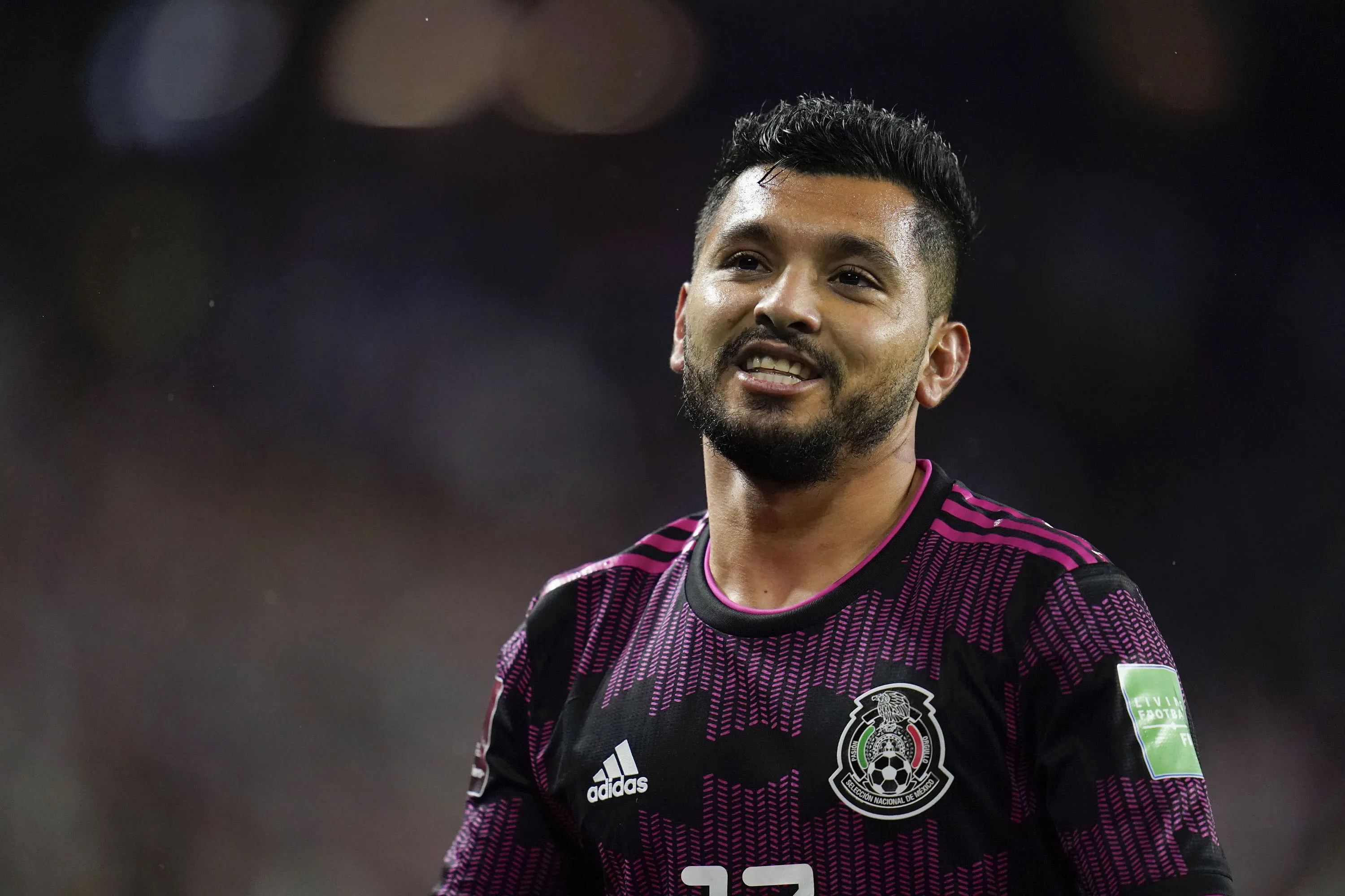 Mexico's Jesus Corona looks on during the second half of a FIFA World Cup qualifying soccer match between Mexico and the United States, Nov. 12, 2021, in Cincinnati. Mexico forward Jesús “Tecatito” Corona is set to miss the World Cup because of a serious injury sustained while training with Sevilla on Aug. 18, 2022, according to the Spanish club. (AP Photo/Julio Cortez, File)