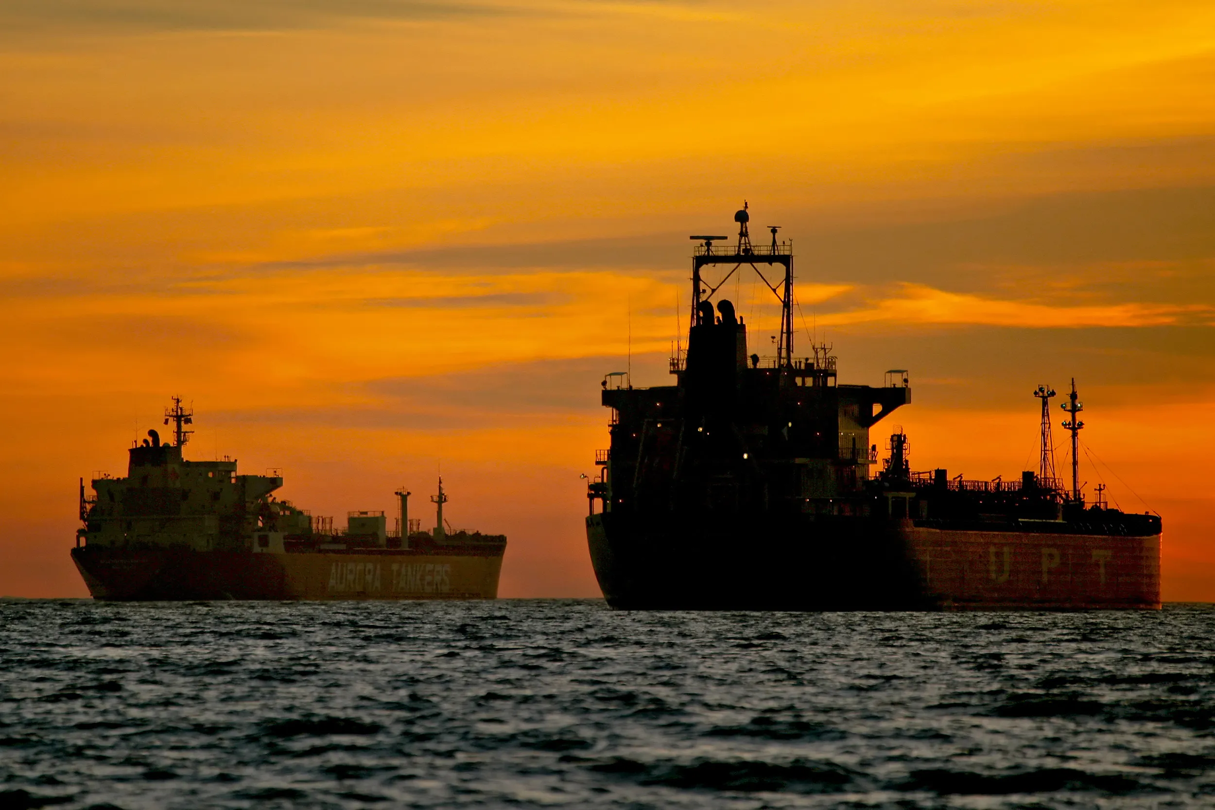 Oil tankers are anchored near the Port of Long Beach, California.
