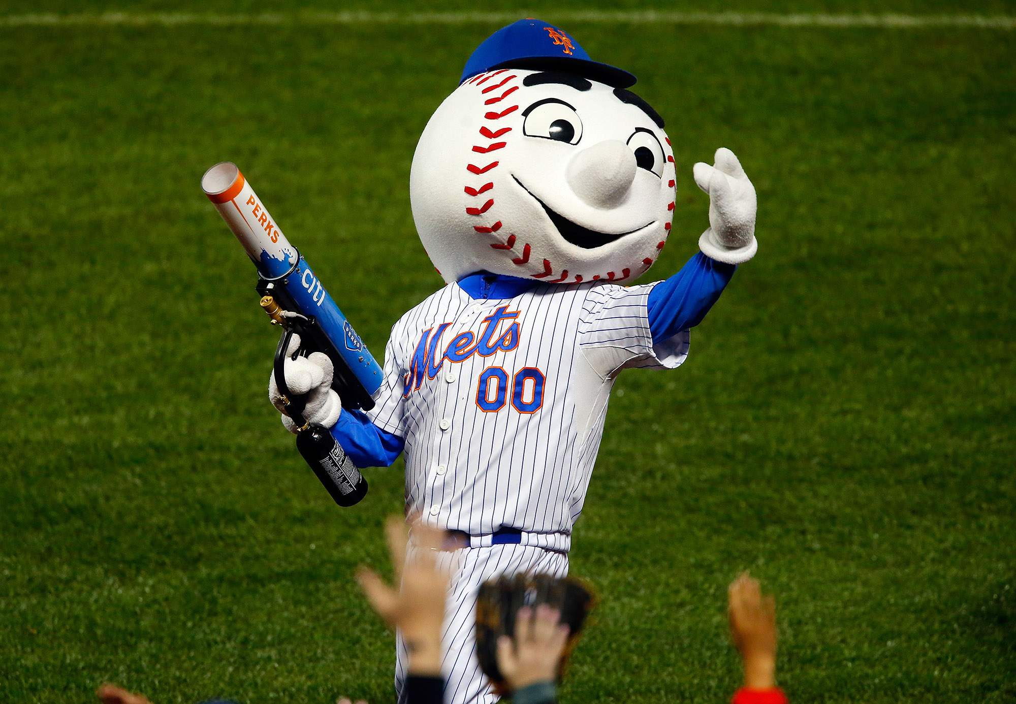 Mr. Met entertains the crowd between innings of a New York Mets game at Citi Field in 2017.