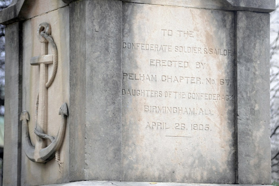This photo shows inscriptions on a Confederate monument in Linn Park in downtown Birmingham, Alabama. The city walled it off in 2017.