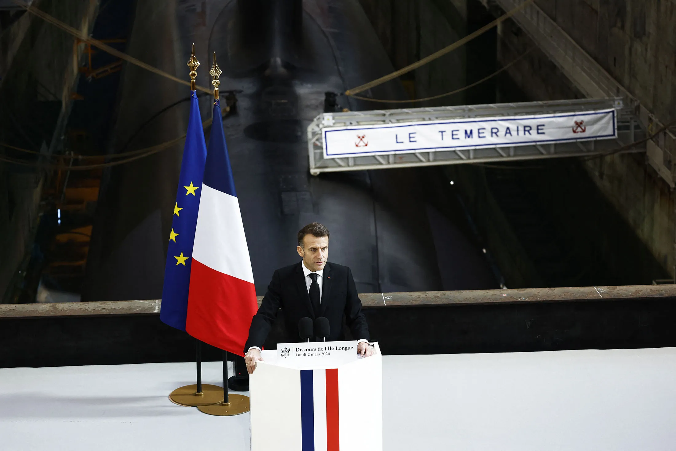 Emmanuel Macron delivers a speech next to nuclear-powered ballistic missile submarine "Le Temeraire" on March 2.
