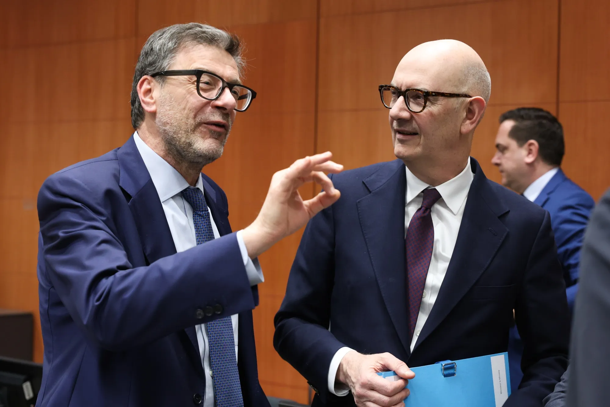 Giancarlo Giorgetti, Italy's finance minister, left, and Roland Lescure, France's finance minister, at a Eurogroup meeting in Brussels.