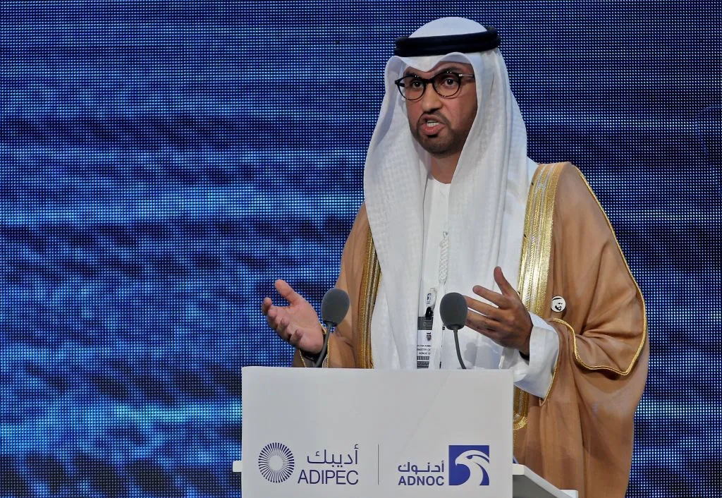 UAE's Minister of State and CEO of the Abu Dhabi National Oil Company (ADNOC) Sultan ahmed al-Jaber speaks during the opening ceremony of the Abu Dhabi International Petroleum Exhibition and Conference (ADIPEC) in Abu Dhabi on November 11, 2019.