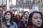 Protesters march during the Day Without a Woman strike in New York on March 8.
