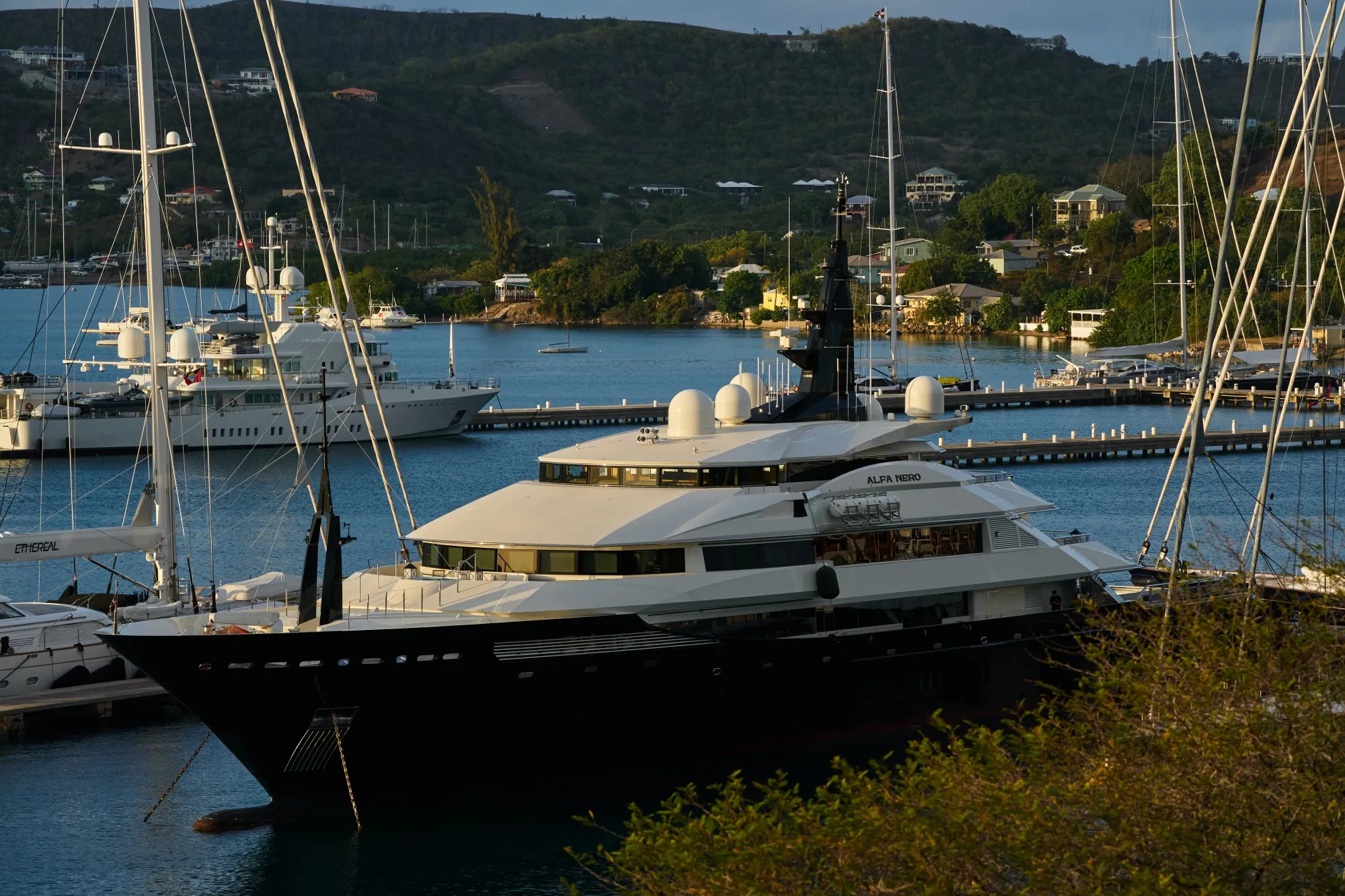 The superyacht Alfa Nero docked in Falmouth Harbour in Saint Paul Parish, Antigua.