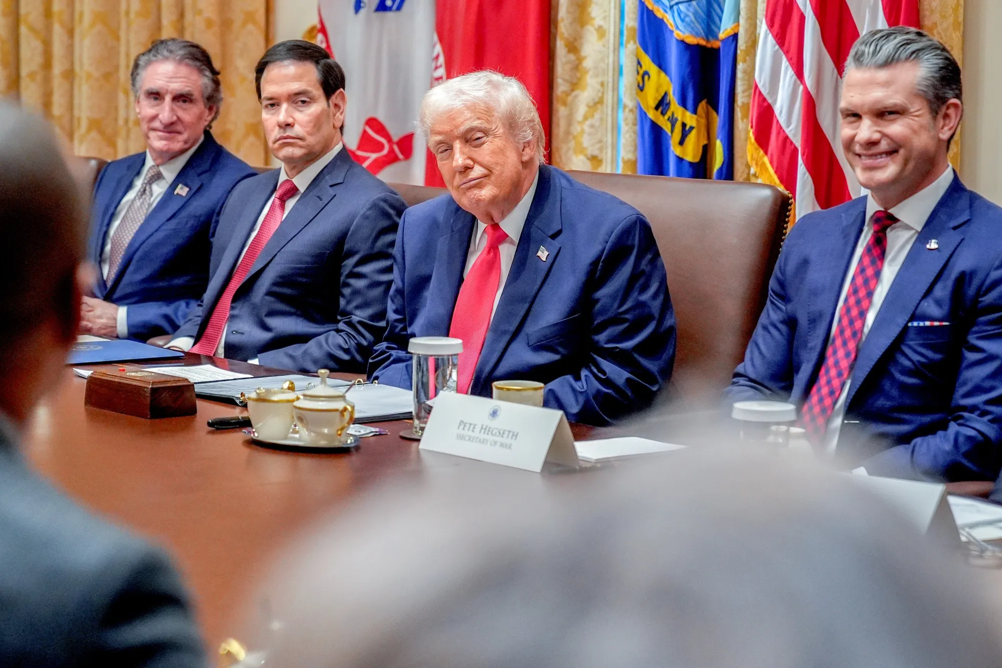 Interior Secretary Doug Burgum, Secretary of State Marco Rubio, President Donald Trump, and Defense Secretary Pete Hegseth at a cabinet meeting today.