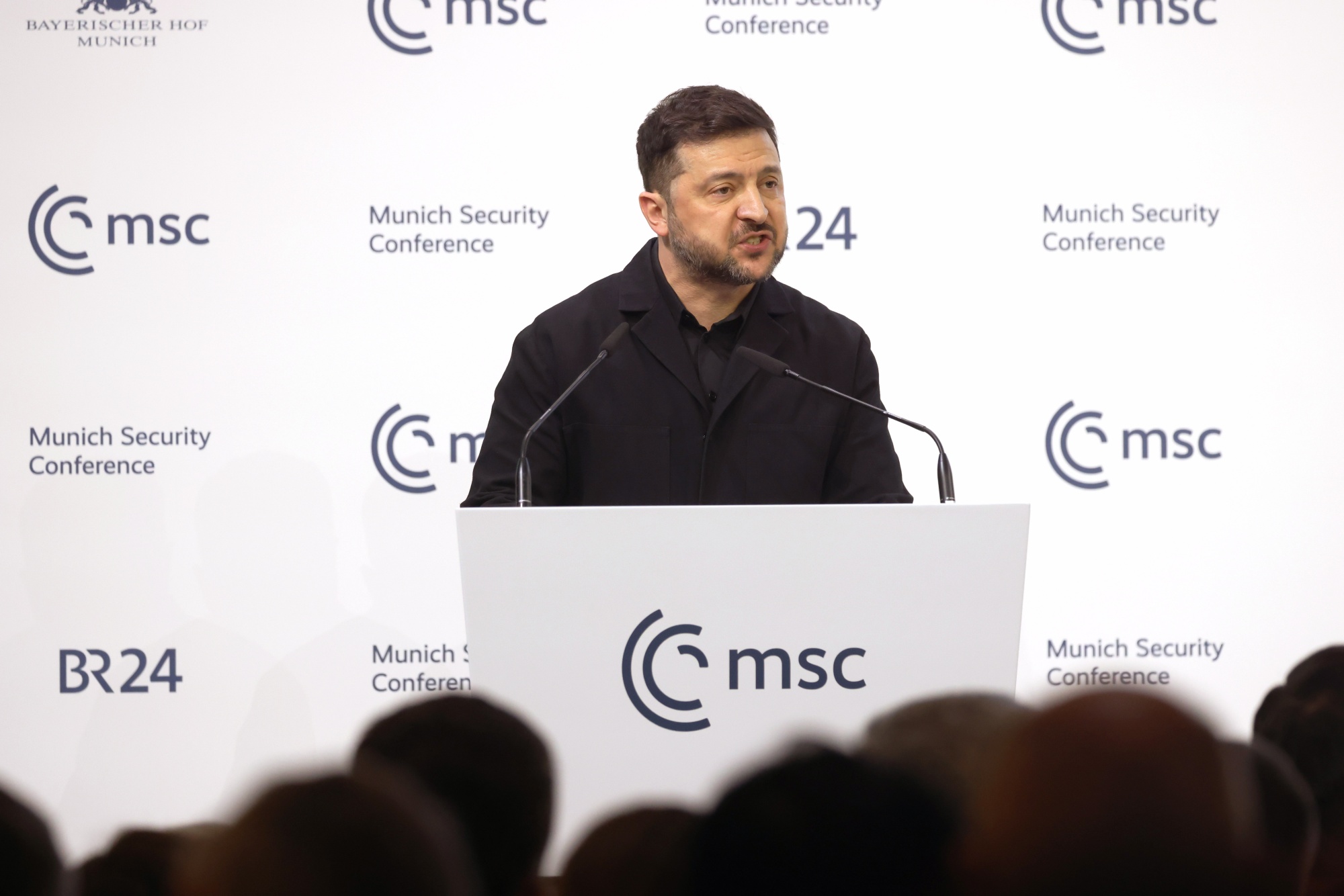 Volodymyr Zelenskiy, Ukraine's president, speaks at the Munich Security Conference in Munich, Germany, on Saturday, Feb. 14, 2026. Zelenskiy had some sharp words for the Iranian regime, dovetailing with recent threats from the Trump administration. Photographer: Alex Kraus/Bloomberg