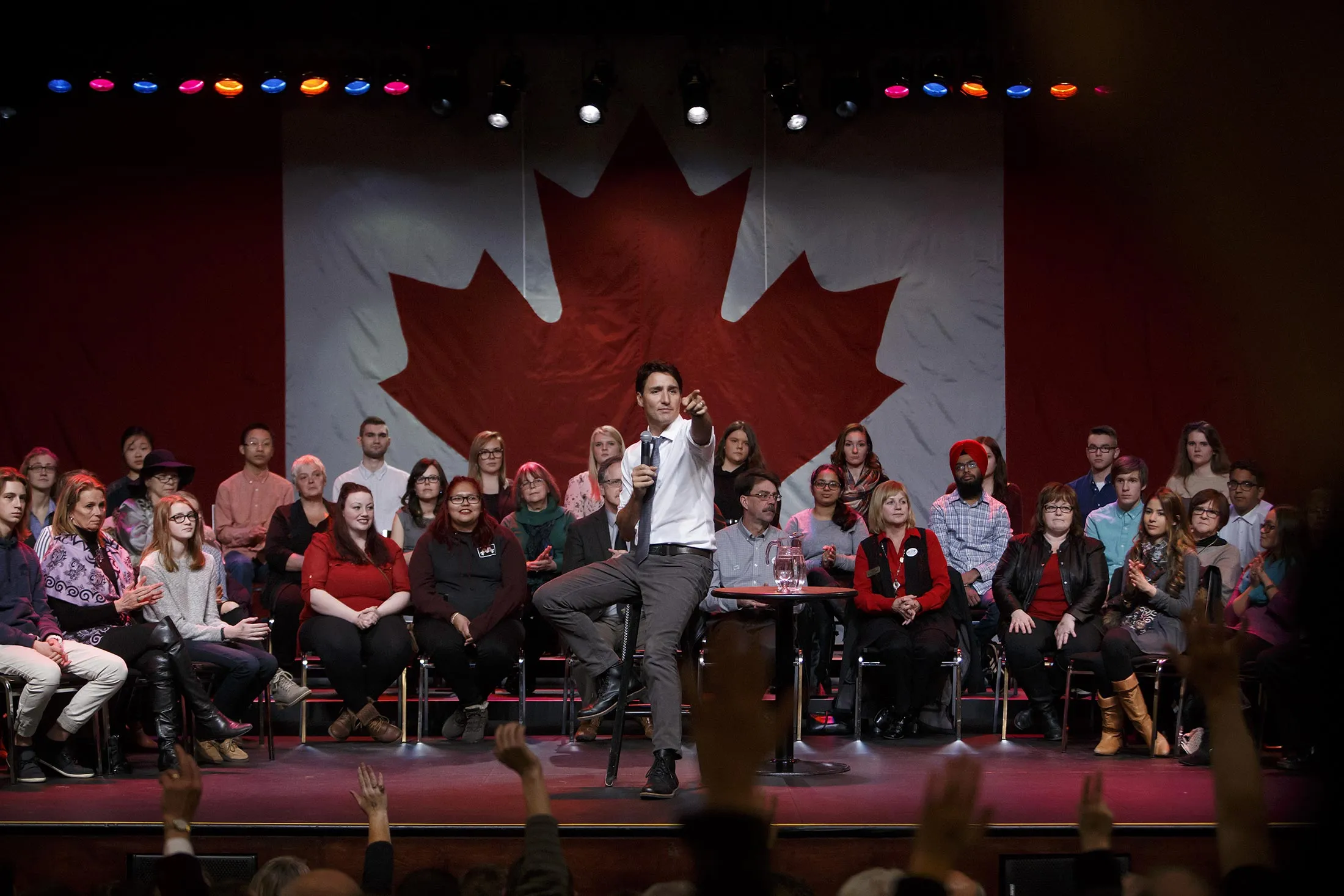 Justin Trudeau, Canada's prime minister, gestures during a town hall event in Belleville, Ontario, on Jan. 12.
