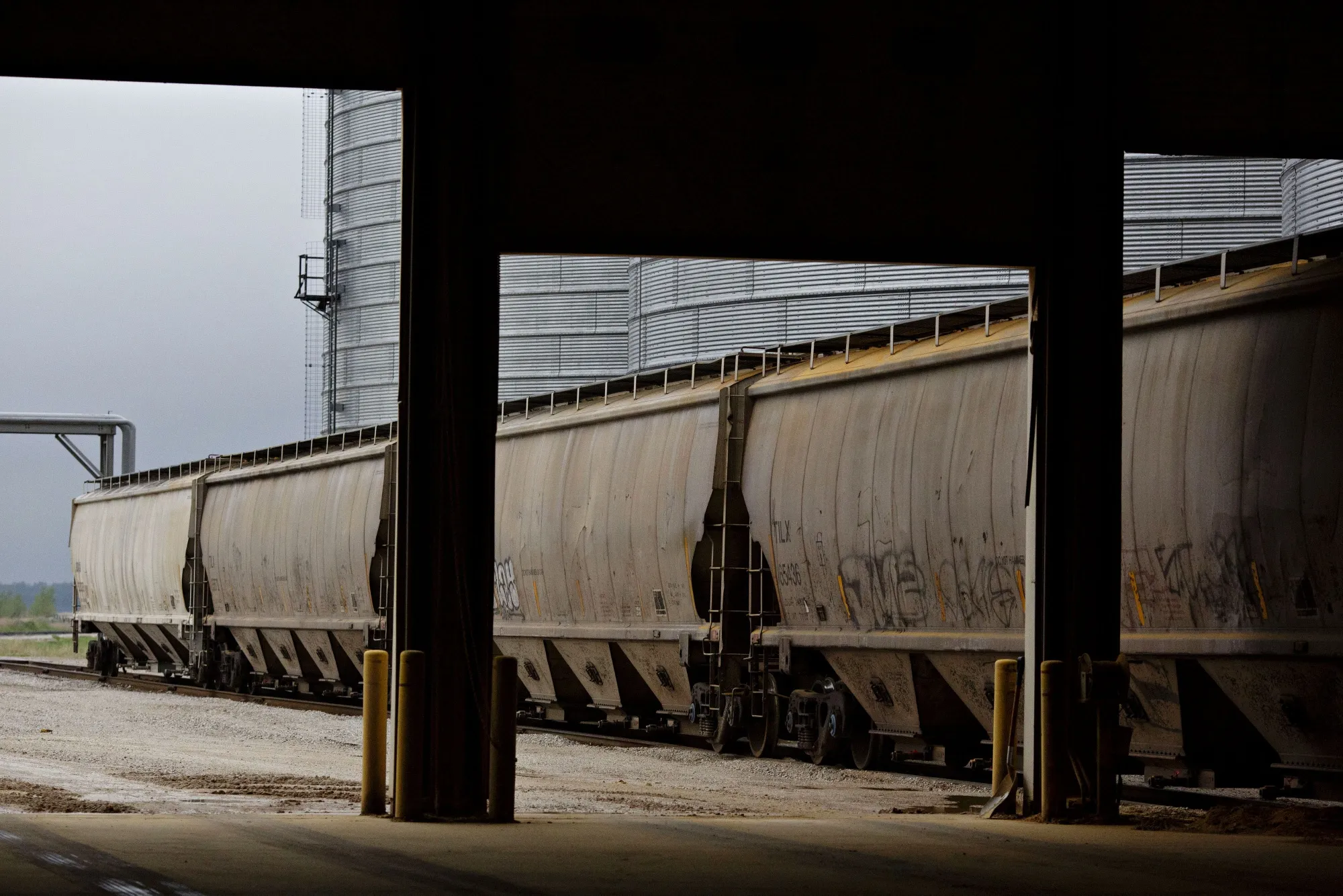 Grain rail cars sit on tracks at an ethanol biorefinery in Gowrie, Iowa.