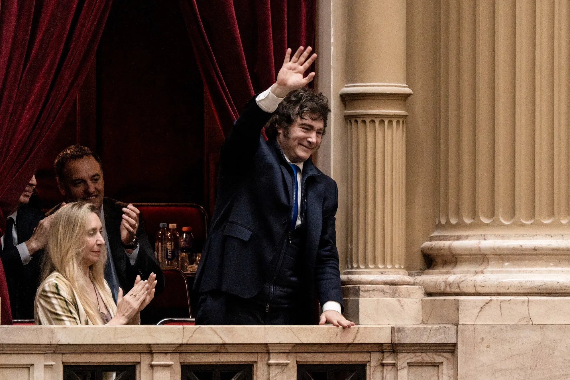 Javier Milei, Argentina's president, waves during a swearing in ceremony at the National Congress in Buenos Aires.