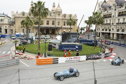 Two weeks before the main race, the Grand Prix historique race happens on the same race course. This view is one of the turns around the famous Place du Casino.