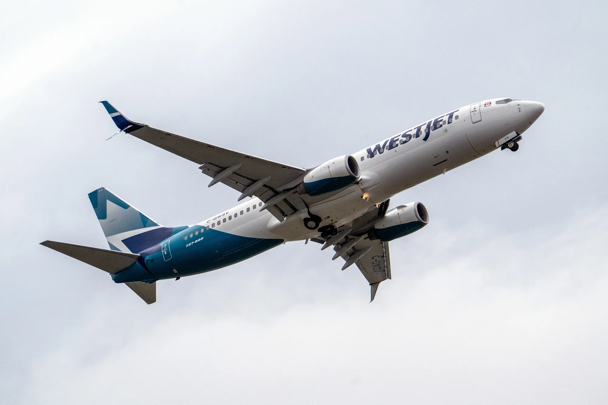 A WestJet flight departs from Victoria International Airport in Sidney, British Columbia, Canada.