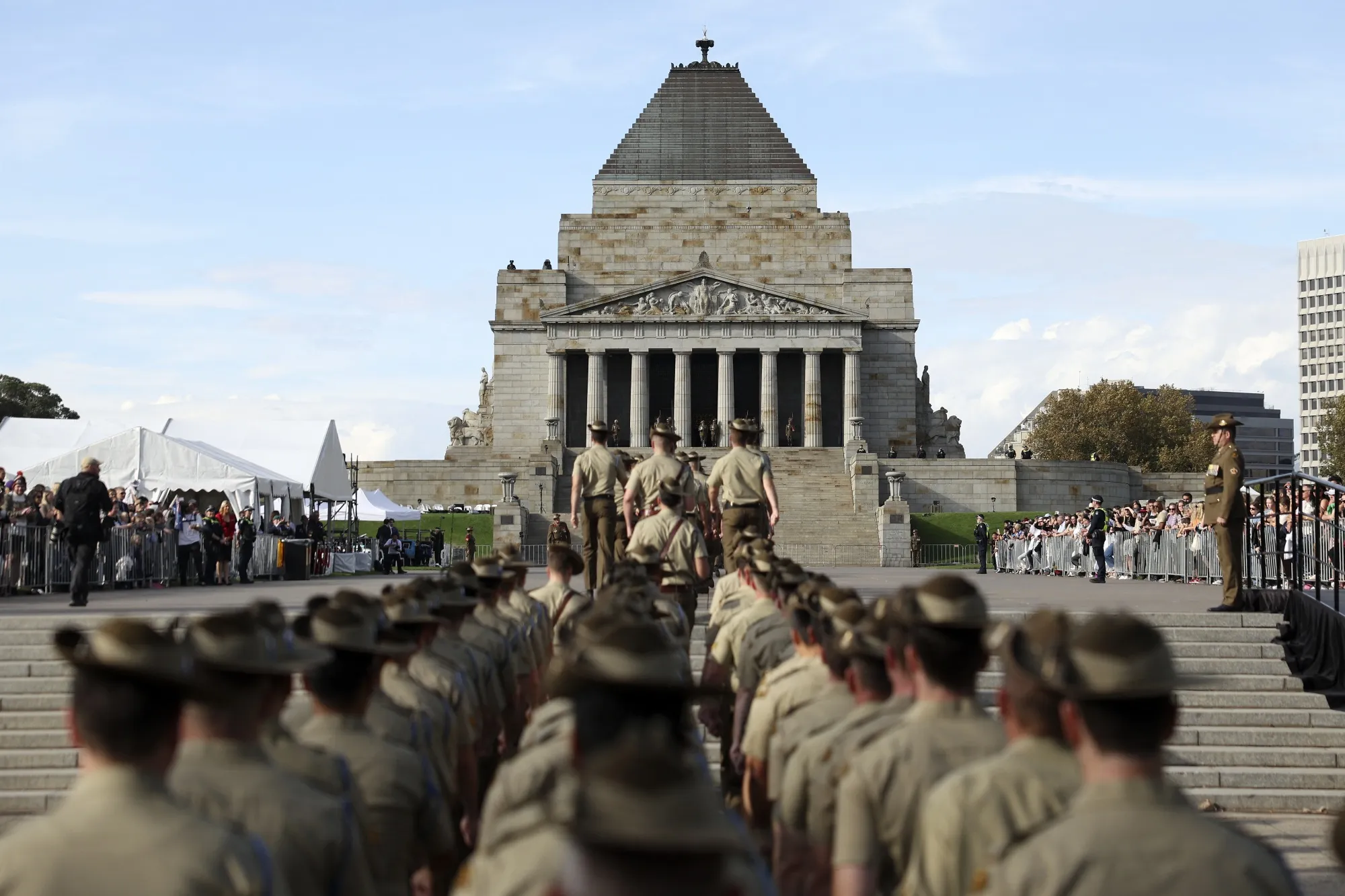 Servicemen and women march to the Shrine of Remembrance during the ANZAC Day march in Melbourne on April 25.