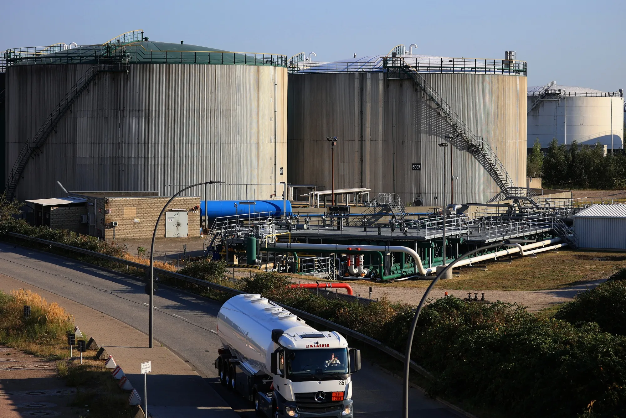An oil tanker truck departs an oil terminal in the Port of Hamburg in Hamburg, Germany.