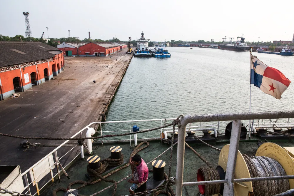 A coal bulk carrier ship at the Kolkata Dock System, part of the Kolkata Port Trust, in Kolkata, West Bengal, India.