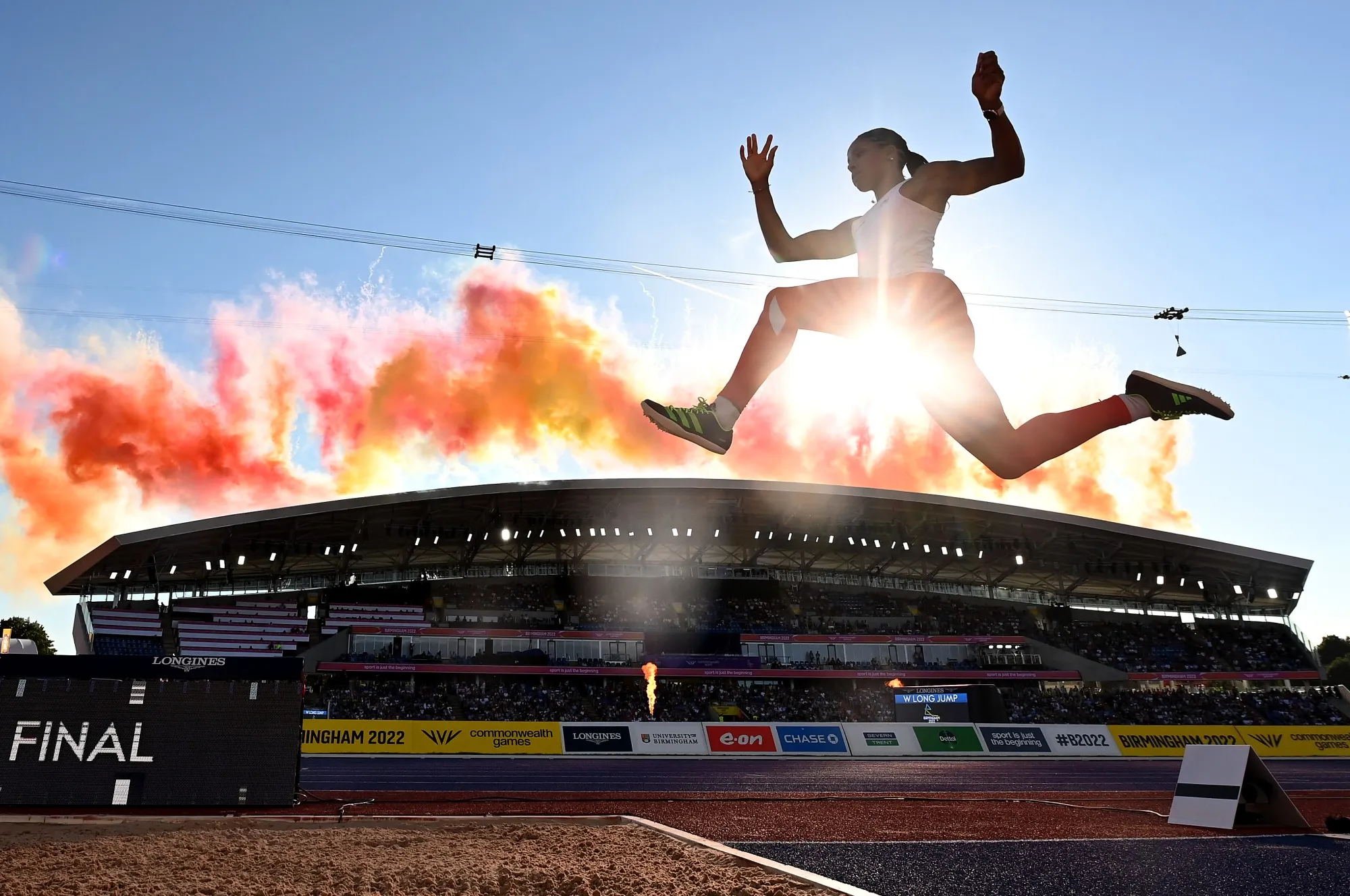 England’s Abigail Irozuru during&nbsp;a practice long jump during the Birmingham 2022 Commonwealth Games at Alexander Stadium.