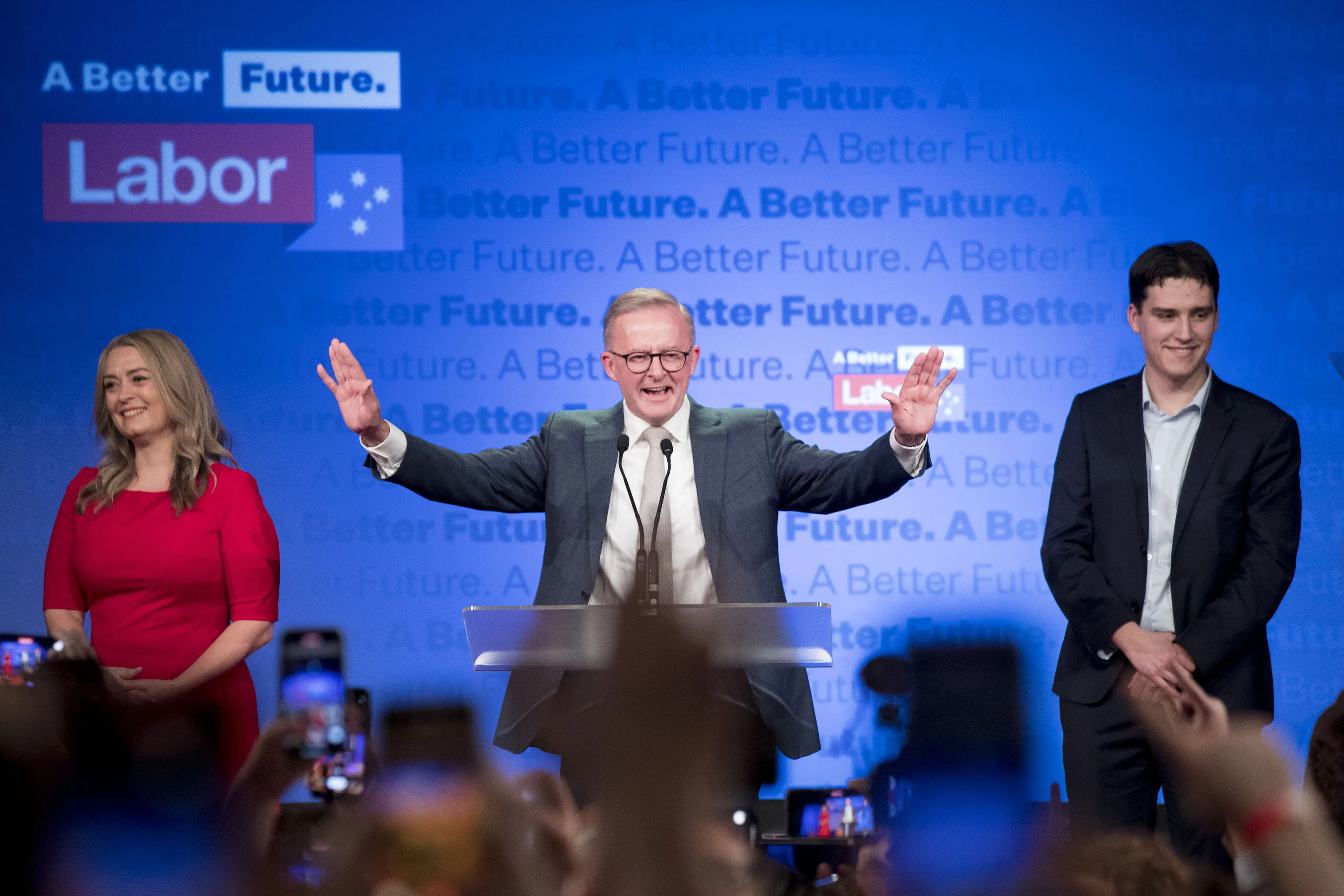 Anthony Albanese with his partner, Jodie Haydon, and his son Nathan Albanese