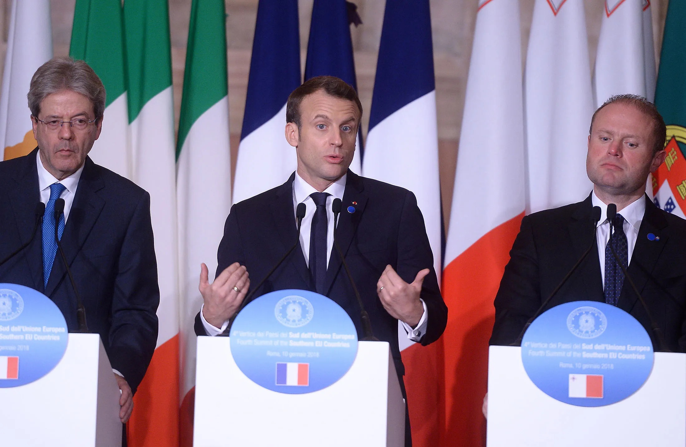 Emmanuel Macron speaks&nbsp;at Villa Madama in Rome on Jan. 10.