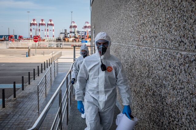 Spain's military emergencies unit (UME) arrives for a deep clean operation at the border inspection point at the Port of Barcelona, Spain, on March 20.