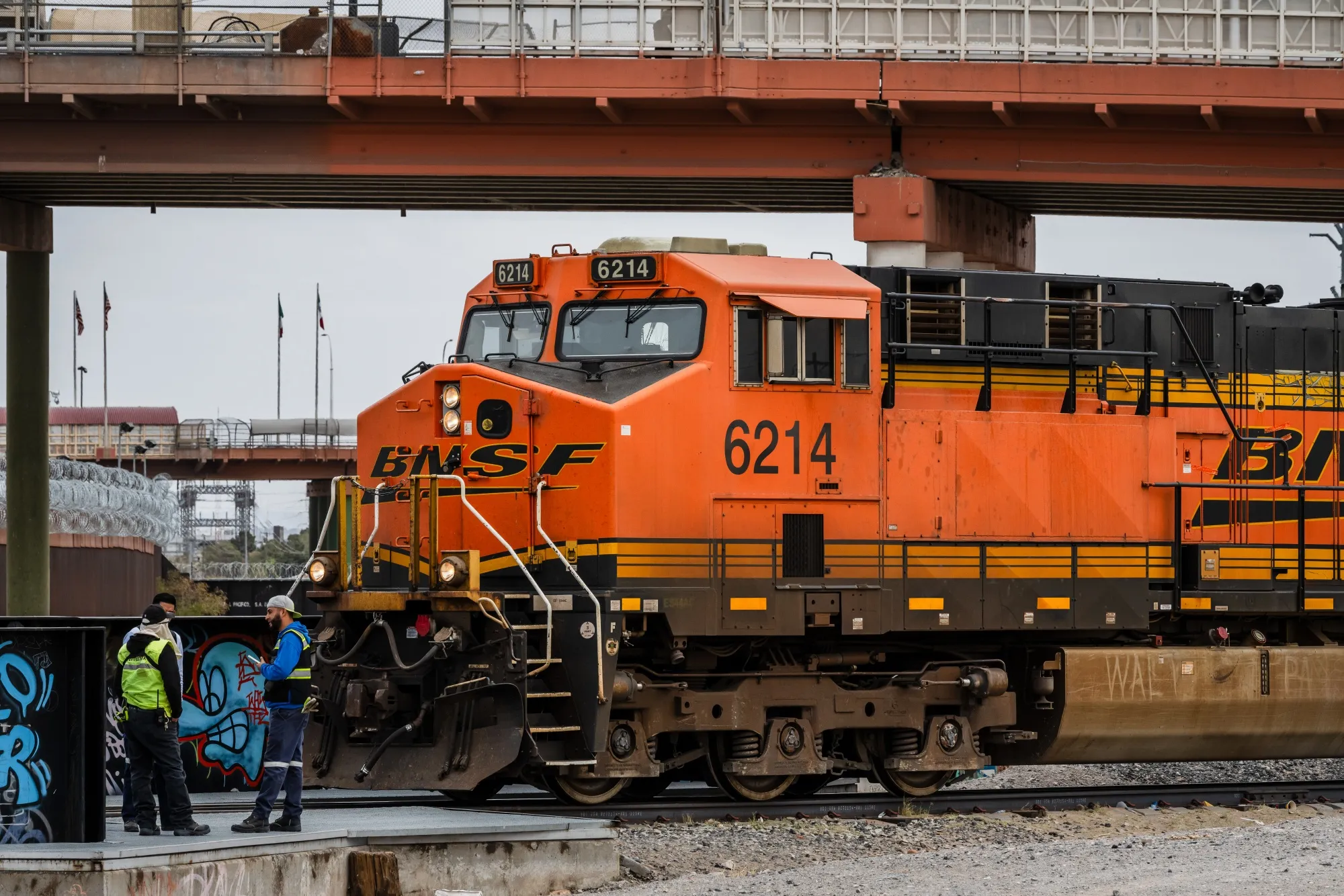 A freight train crosses into El Paso, Texas, US, on an international railroad bridge at the US-Mexico border in Juarez, Chihuahua state, Mexico.