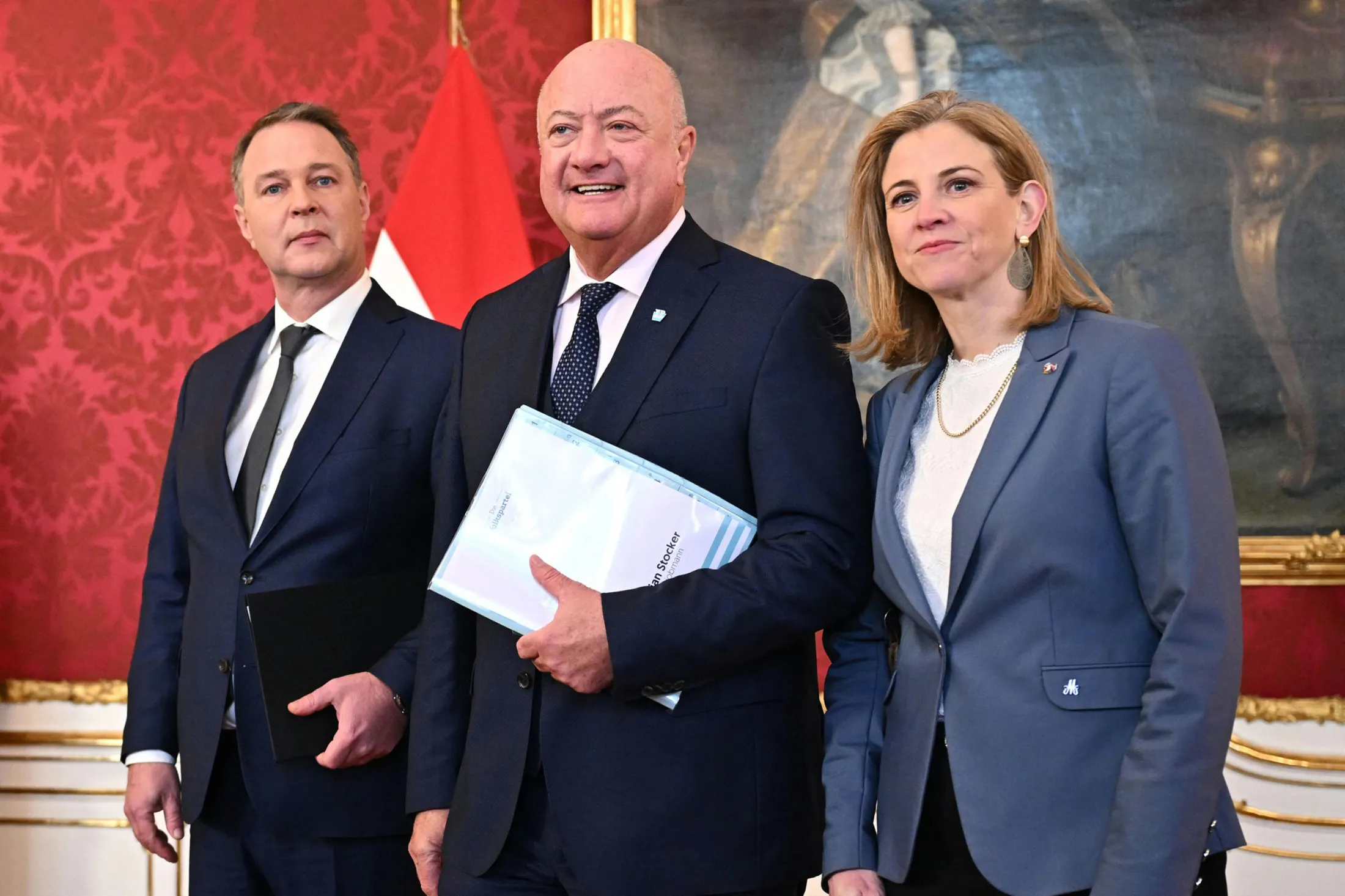 Social Democrats Leader Andreas Babler, left, People’s Party Leader Christian Stocker, center, and&nbsp;Neos Leader Beate Meinl-Reisinger&nbsp;in Vienna, Austria, on Feb.&nbsp;22.